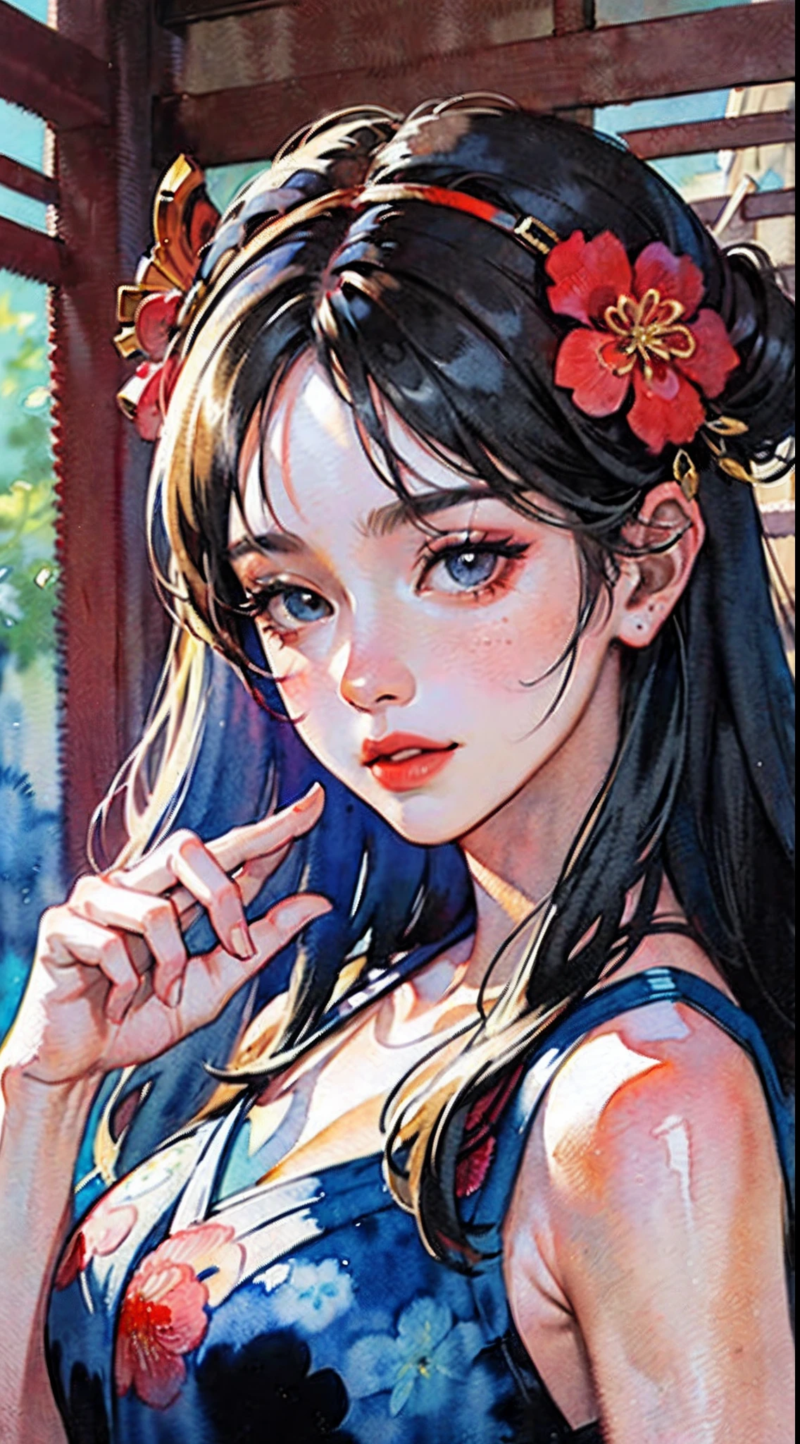 (masterpiece:1.2, best quality), (very detailed face, real picture, realistic skin, realistic body, intricate details), solo, 1milf, casual,ukiyo-e, (Watercolor:1.3), Oiran,