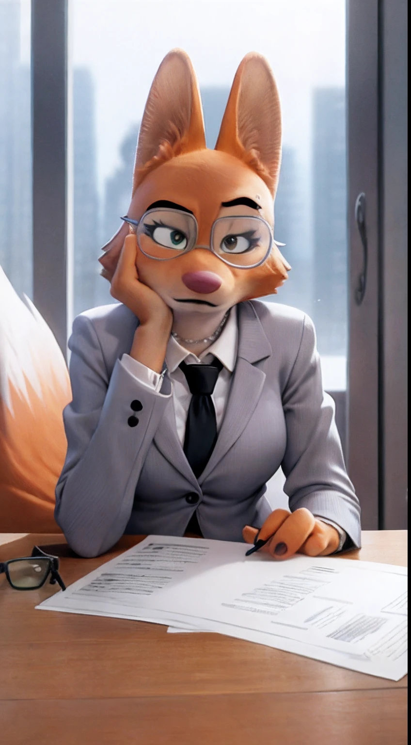 a beautiful and detailed head portrait of diane foxington working in governor's office, glasses,orange body, black lips, eyelashes, eyebrow piercing, gray business suit