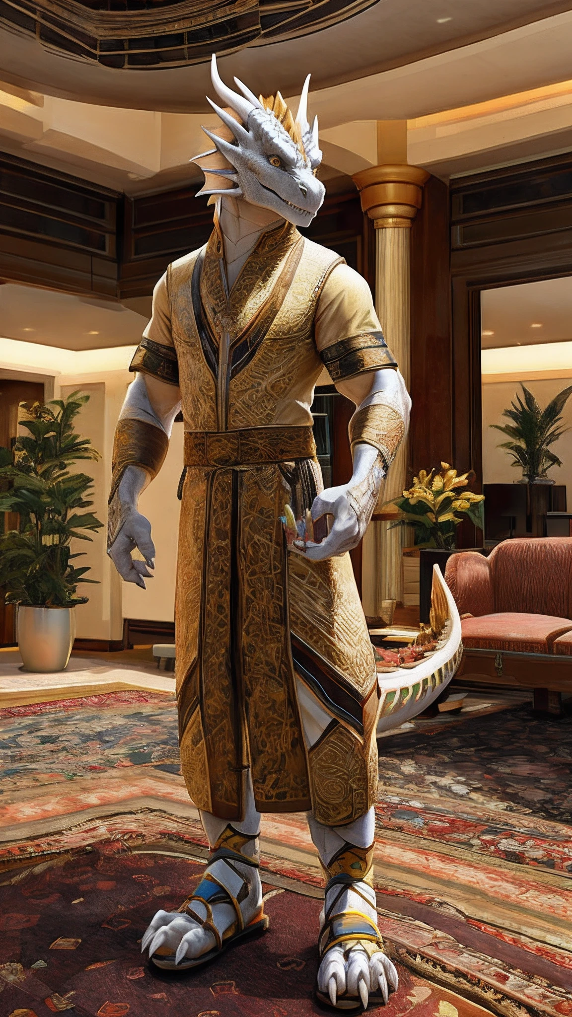 Bionic  dragon，Golden White Dragon，female，White Hanfu，sandals，anthor，Children，Standing on the carpet in the hotel，HD graphics，Detailed and realistic，high detal，high qulity，photo-realistic，photorealistic eye，Detailed paws，Clear eyes，Masterpiece artwork，Five-fingered hands，top-quality，32k，hyper HD