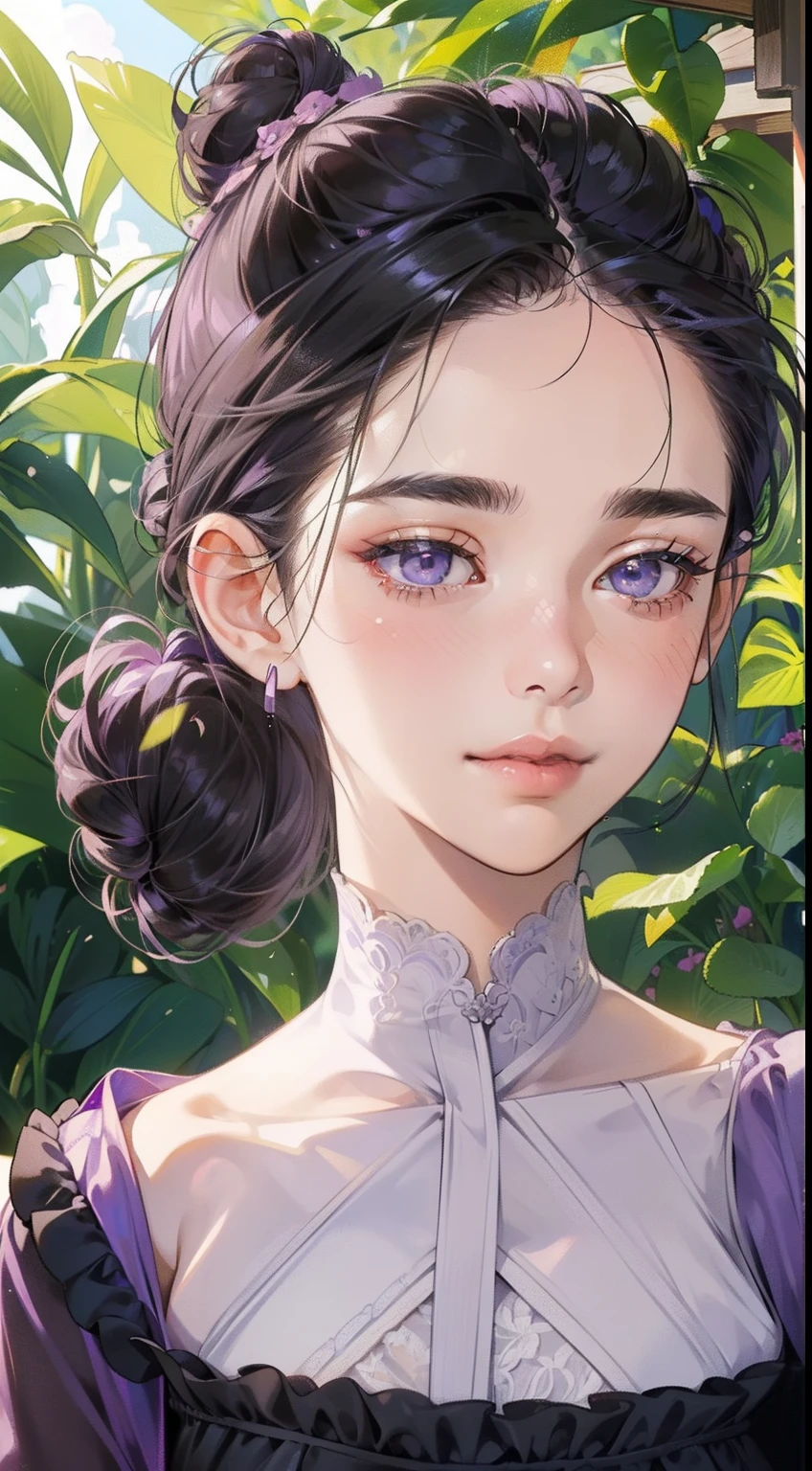 masterpiece, best quality, realistic, mature female, cute, 25 years old, closed mouth, portrait, extremely detailed face, soft smile, (dark purple eyes), ((with single black hair bun), ((front bangs hair)), [thin eyebrows], ((light violet dress)), no makeup, light smile, ear blush, light blush, short eyelashes, 4k,outdoor