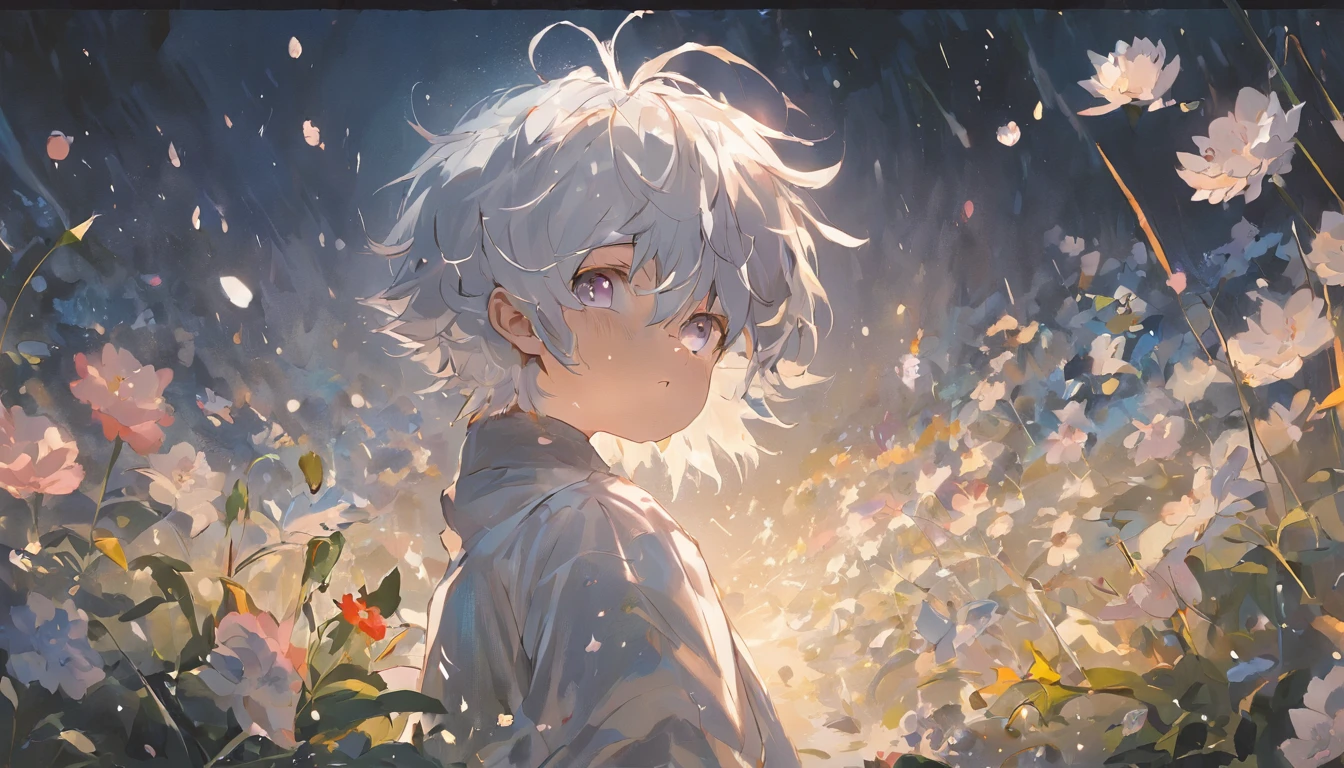 night，rain，Blooming flowers flutter in the wind，The boy in the flower，Light white and silver design，Pay attention to the texture of the skin and flowers，Sony FE 12-24mm F/2.8 gm，Impressionist garden，Proficient in calligraphy，eco-friendly craftsmanship，Brush stroke exploration