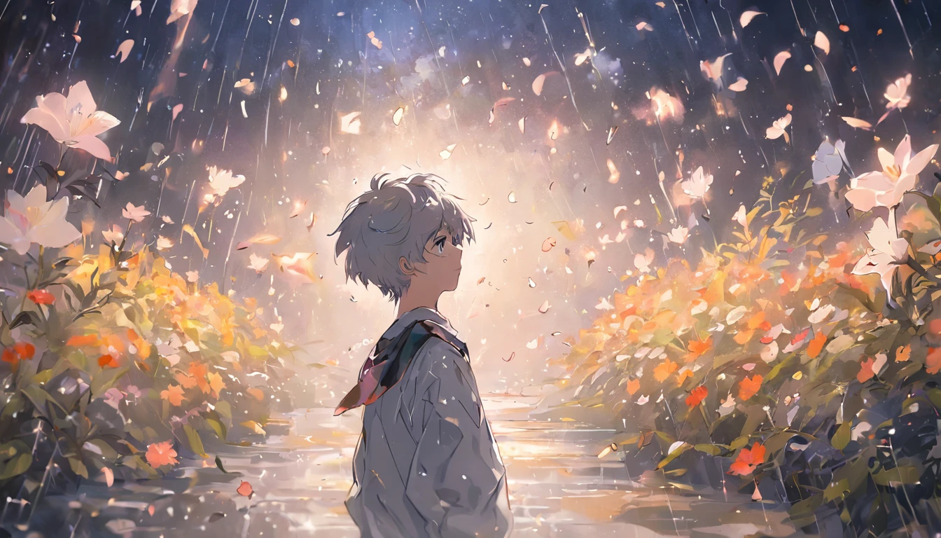 night,rain,Blooming flowers flutter in the wind,The boy in the flower,Light white and silver design,Pay attention to the texture of the skin and flowers,Sony FE 12-24mm F/2.8 gm,Impressionist garden,Proficient in calligraphy,eco-friendly craftsmanship,Brush stroke exploration