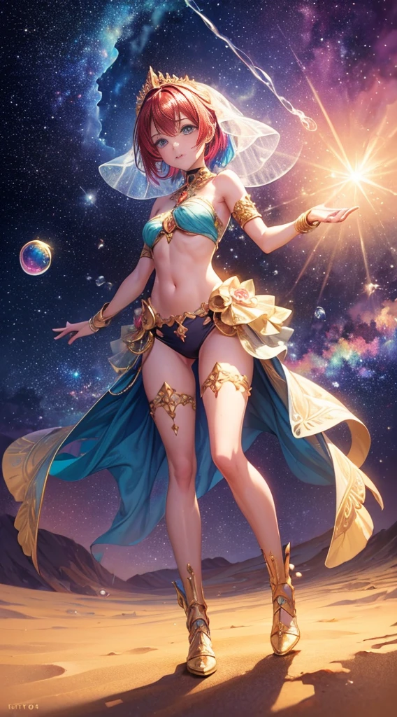 (Full body posing:1.5), (cartoony:1.5), (colorful:1.2), Dynamic angle, (extremely detailed CG unity 16k wallpaper:1.1), (Denoising strength: 1.45), (tmasterpiece:1.37), ((ultra-detailed)), ((an extremely delicate and beautiful)), dynamic angle, floating, (beautiful detailed eyes), (detailed light), (((ink))), ((watercolor)) 1girl, small breasts, red hair, blue eyes, ((veil)), bare shoulders, navel, (starry sky), (desert), (floating sand flow), (((colorful bubble))), ((illustration)), depth of field, god rays, sparkle, glowing light, (((masterpiece))), (((best quality)))