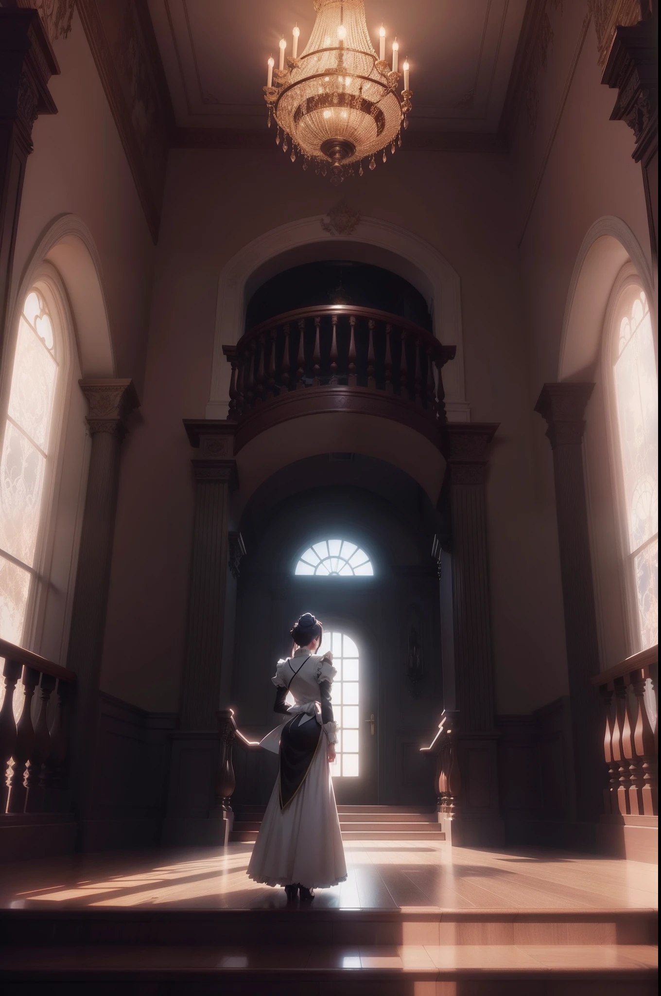 Dark and terrible mansion. Western-style carpets and chandeliers, stairway. awe, 1 female maid, Three-dimensional with one male butler, ultra-detailliert. anime image. by makoto shinkai, anime art wallpaper 4k, anime art wallpaper 4k, Anime art wallpaper 8k, anime wallpaper 4k, anime wallpaper 4k, 4K Anime Wallpapers, Anime Sky, amazing wallpapers, anime backgrounds, Anime Background Art