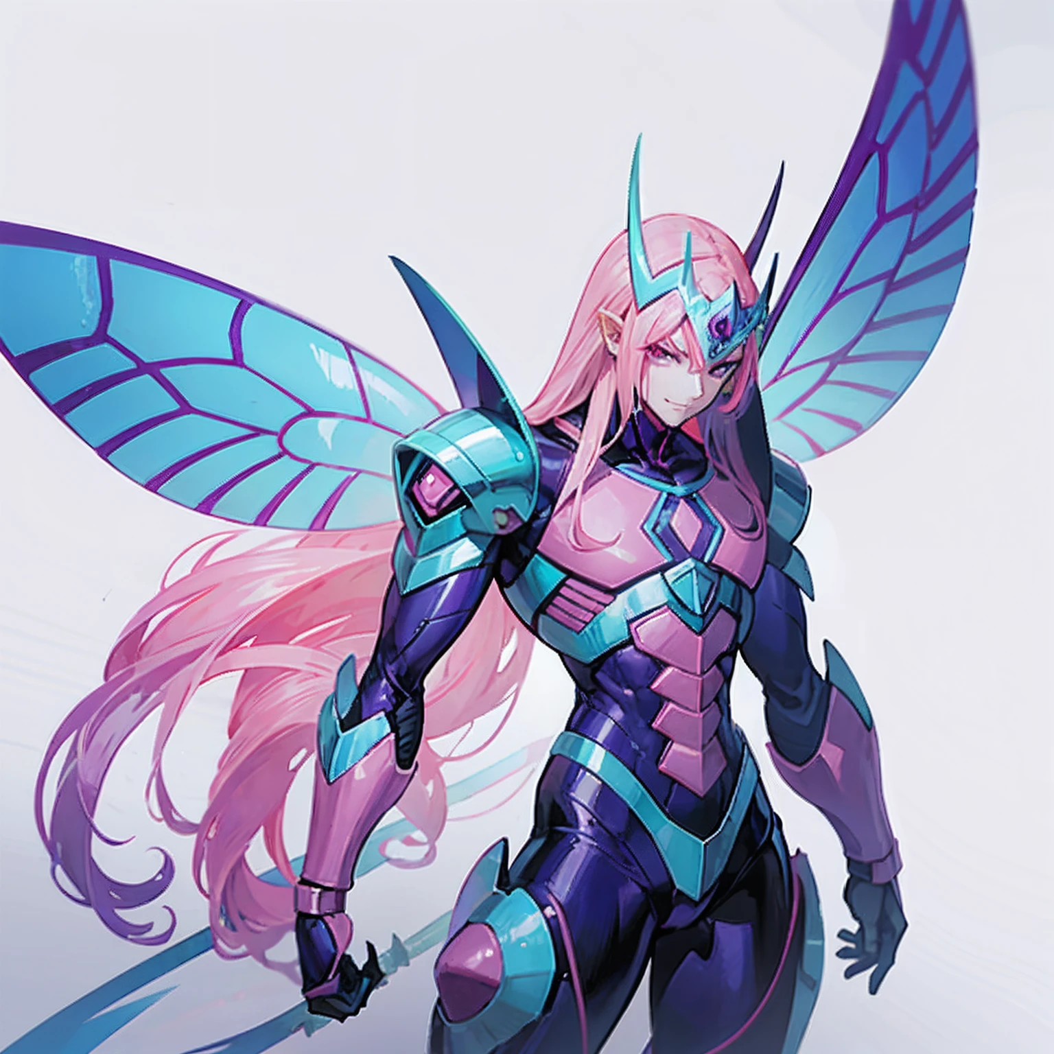 Hot, beautiful insect butterfly man, Guyver style, evil smile, scaraber reploid, bellows tail, cel shade adult animation, alien king , Long pink hair