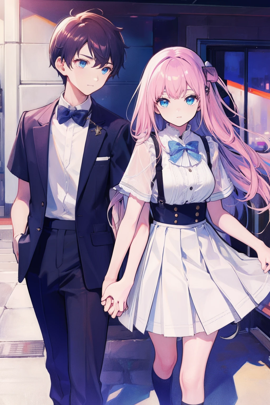 Brilliant colors,There was a girl and a boy holding hands,Girls wear wrinkled skirts,Boys wear T-shackles,tmasterpiece,Ultra-clear image quality,hentail realism
