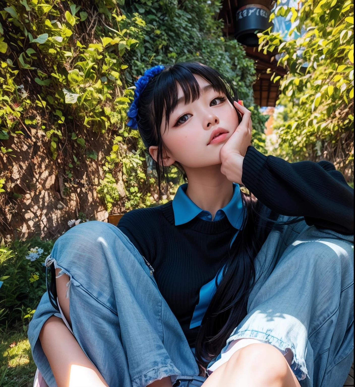 there is a woman sitting on the ground with her hand on her chin, ulzzang, jinyoung shin, ruan cute vtuber, inspired by Ma Yuanyu, inspired by Kim Jeong-hui, xintong chen, dang my linh, lalisa manobal, korean girl, sitting on the ground, profile pic, 🤤 girl portrait