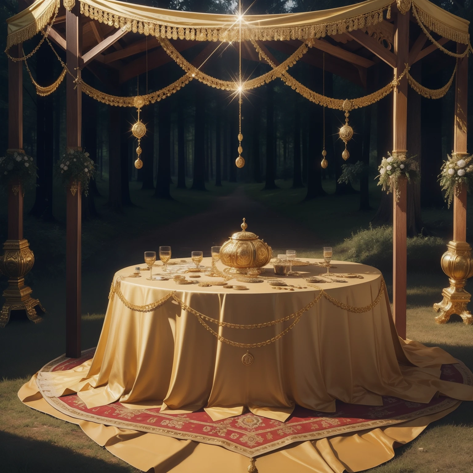 Royal gold jewelry on an antique table in the forest, der Tisch wird von Sonnenstrahlen beleuchtet, several gold chains hanging from the table, Gold coins are scattered everywhere, Realistisch, 1.4f-Objektiv, hyperrealistisch, aesthetic, Wirklichkeit, High quality, 4K, Royal, Krone, keine menschen, keine Tiere, Gold coins pile up on the table,Gold coins on the ground, kein Geschirr, No glasses, kein Besteck,