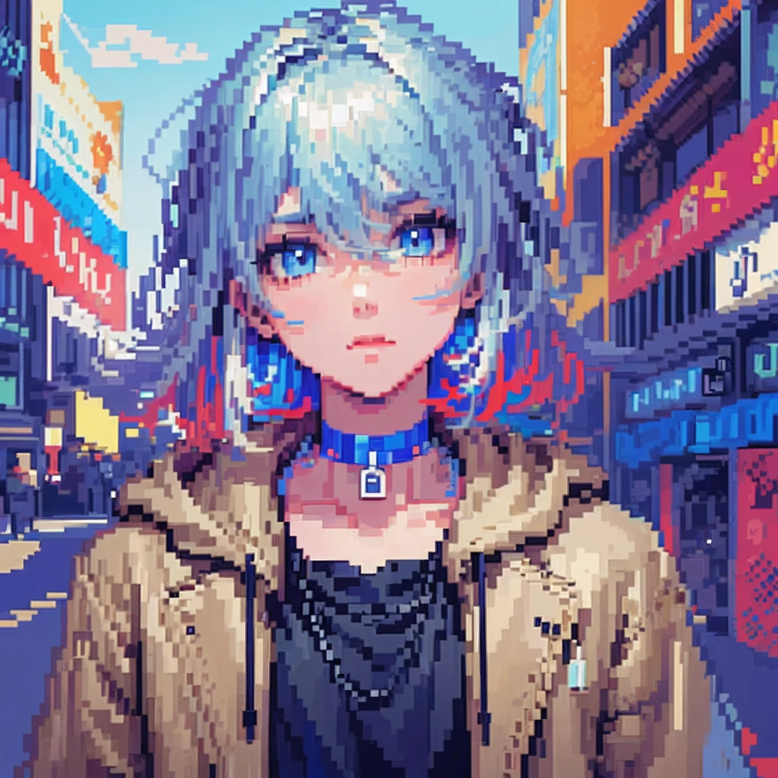 ((The style of pixel art)), pix, 4-bit pixel art, 1 Boys close, Face only, Beige hair, blue hairs, Blue eyes,  choker necklace,Loose hoodie,Black hoodie， Pixel official art, absurd res, view the viewer, solofocus, Dynamic Angle, Head tilt, , Ultra-fine pixel art