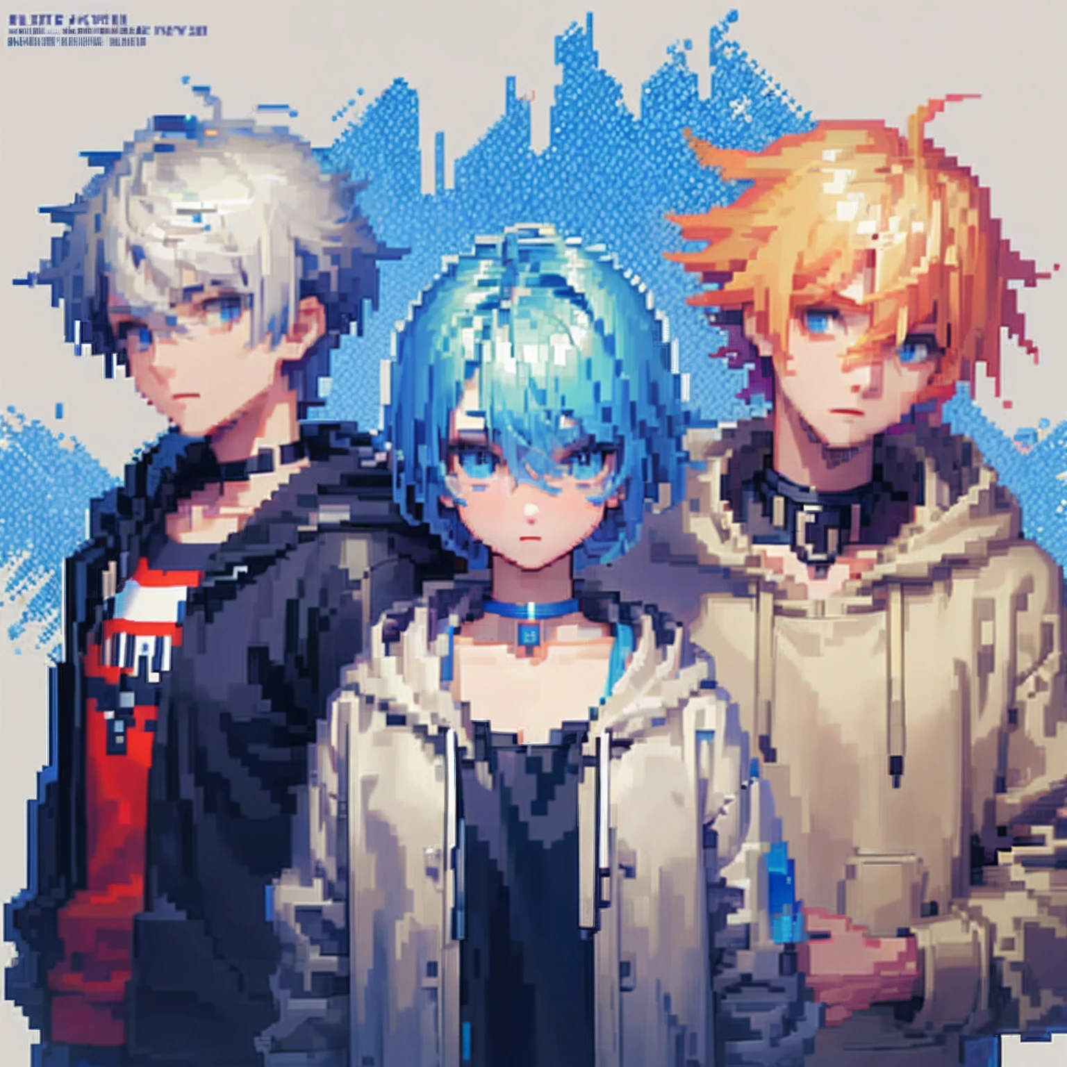 ((The style of pixel art)), pix, 4-bit pixel art, 1 Boys close, Face only, Beige hair, blue hairs, Blue eyes,  choker necklace,Loose hoodie,Black hoodie， Pixel official art, absurd res, view the viewer, solofocus, Dynamic Angle, Head tilt, , Ultra-fine pixel art