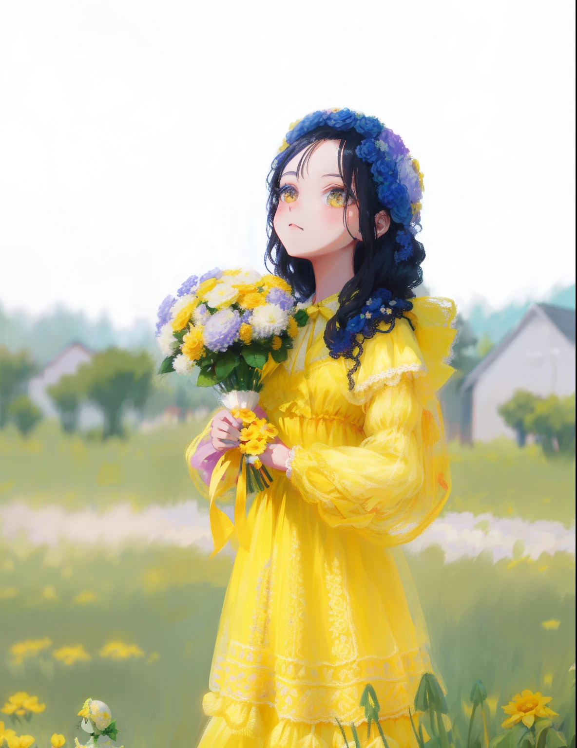 There is a crochet doll holding a bouquet of flowers, With flowers, flower child, with yellow flowers around it, Shot on Canon EOS R 6, doll in hand, Holding flowers, crochet, the girl made out of flowers, flower queen, dressed in a flower dress, Bouquet, Girl in a flower field, girl with a flower head, carrying flowers