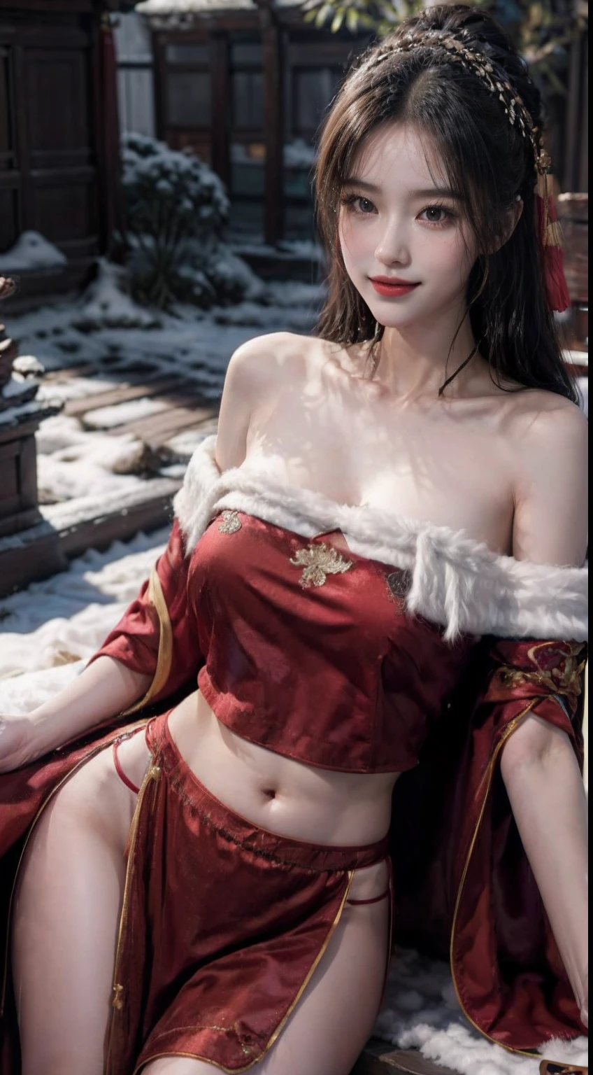 (Masterpiece), (absurderes), (The lens focuses on the thigh), Shiny skin, Girl, Solo, pupils sparkling, long eyelasher, Long hair, Striped hair, Wavy hair, (Chinese belly pocket:1.27),(Red plush cloak:1.2),view the viewer, (Cover with snow,the night,Bright old temple:1.3), Cinematic lighting,(Ultra-realistic textile textures),,an award winning photograph, Extremely detailed, Amazing, finedetail, (Extremely detailed eyes:1.125) and face, Kodak Porter 400 camera F1.6,The lens is colorful ,unreal-engine ,(seductive grin smile),(Deep Shadows),