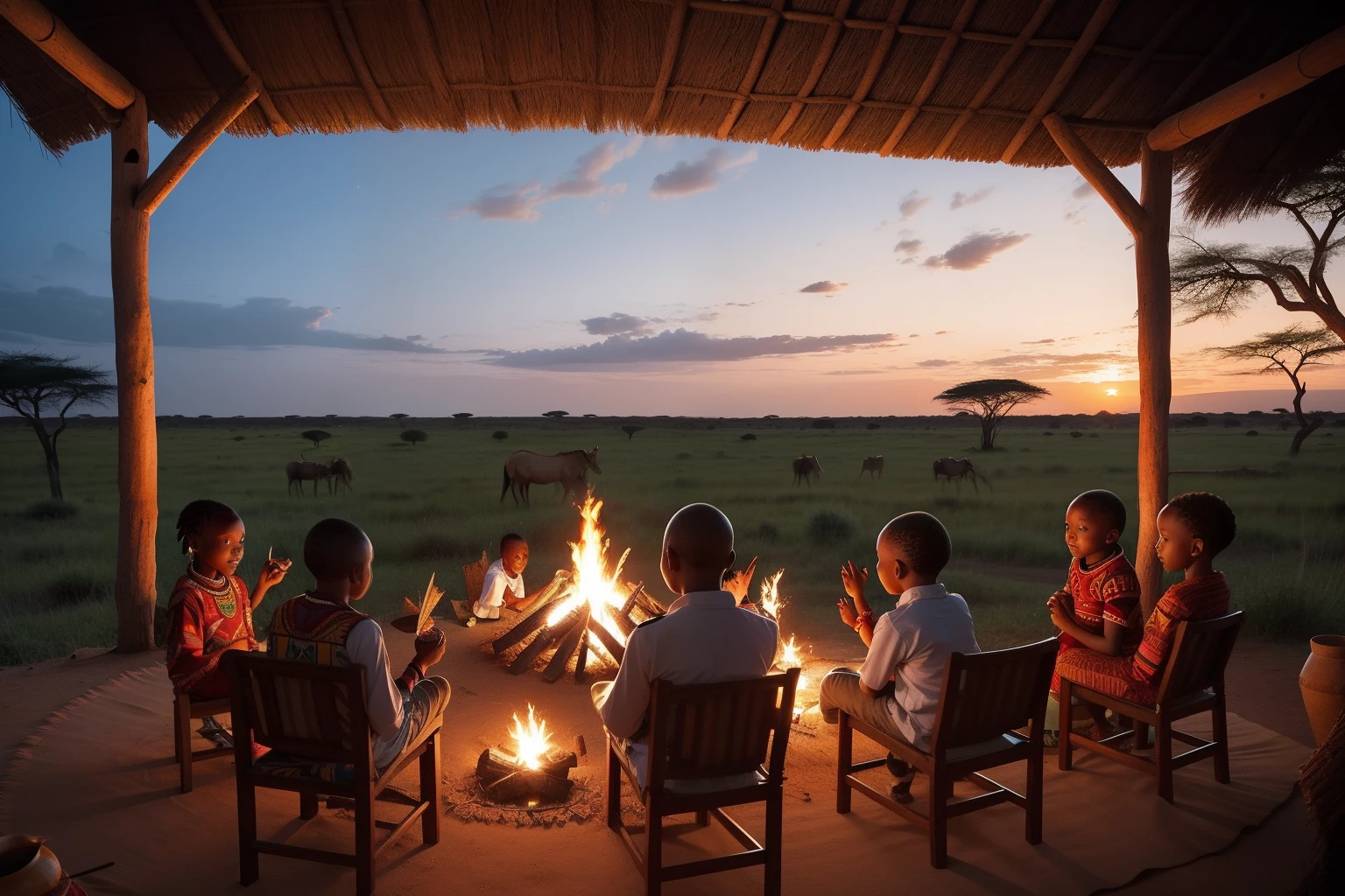 Year: 2023
Country: Tanzania
Description: At an upscale wildlife conservation lodge in Serengeti National Park, a family has a unique dinner experience. Children watch in awe as Maasai warriors perform traditional dances by a roaring campfire, while their parents dine on gourmet Tanzanian cuisine under the starlit sky.