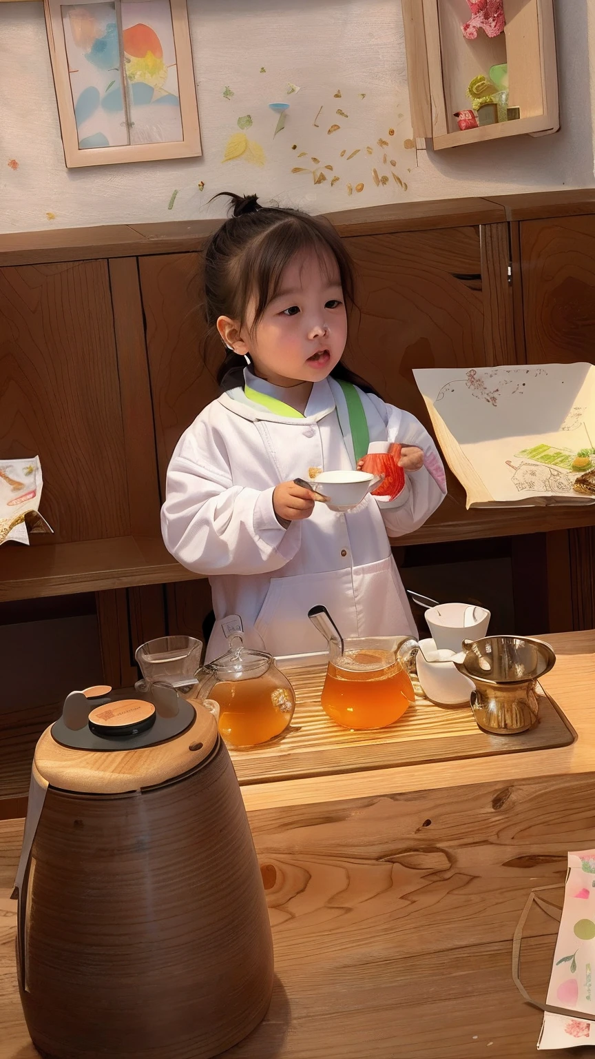 There was a little girl standing in front of a plate of food, Drinking tea, experimenting in her science lab, cute and funny, mr robert is drinking fresh tea, future activist, Is ((drink a tea)), Very cute and childlike, they are very serious, 2 years old, pouring, little girl with magical powers, tea ceremony scene