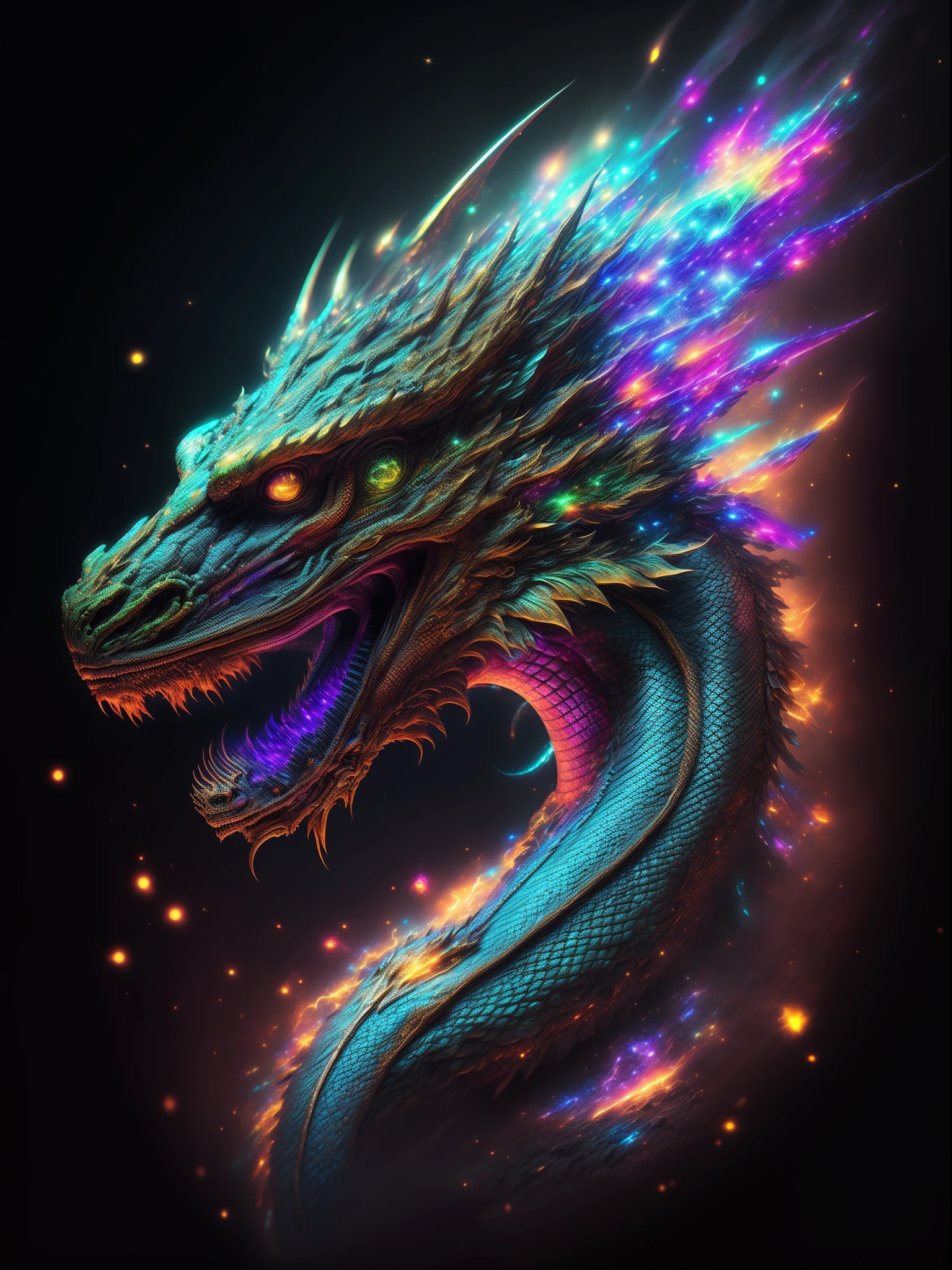 tmasterpiece, beste-Qualit, Art Station, Extremely detailed ,Dragon,Perfectly proportioned, Contrast display, ultra realistis, black backdrop, galaxy, Endless Lights, Strewn with fine flash details, 8K, 真实感, The vibrant, luminescent, Exciting, hyper-detalied, The vibrant, Filmic, Environment Occlusion, chromatic aberration.