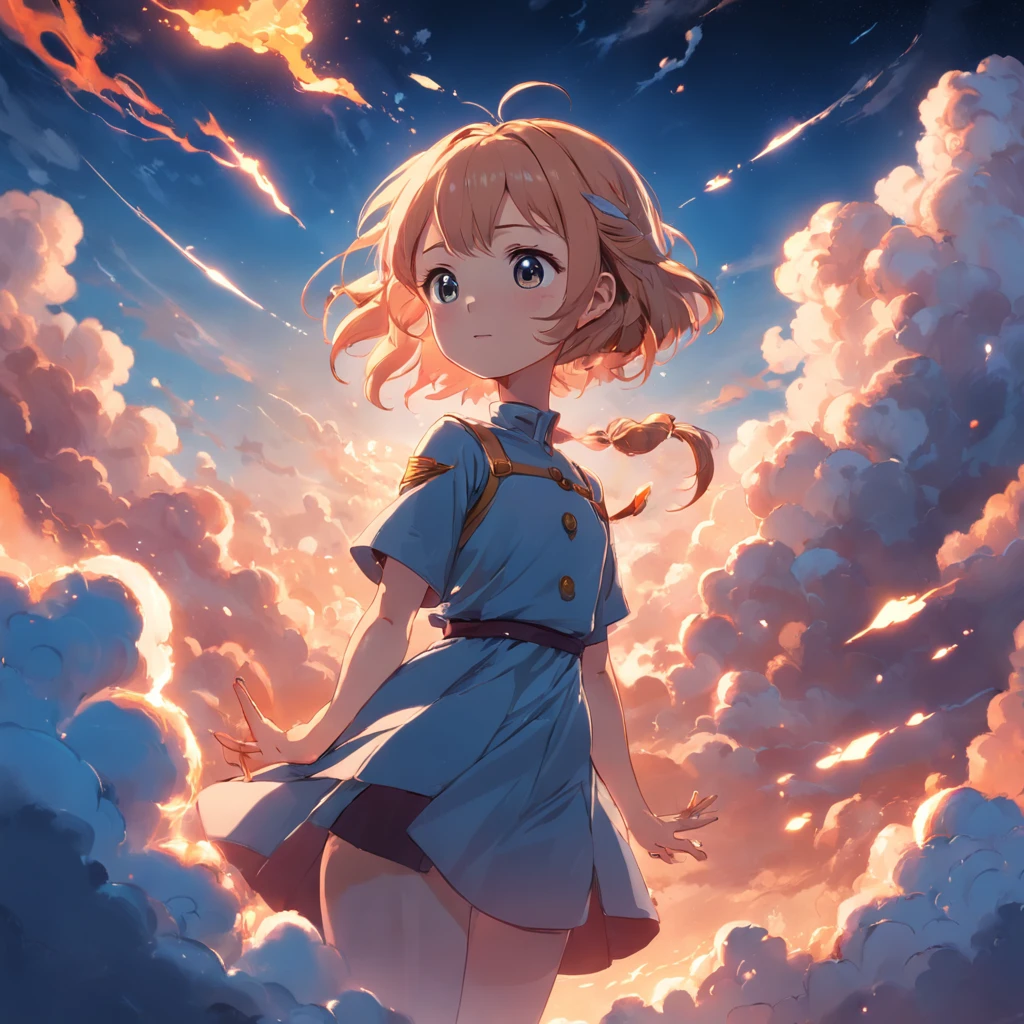 masterpiece, best quality, movie still, 1girl, cloud girl, floating in the sky, close-up, bright, happy, warm soft lighting, sunset, (sparks:0.7)
