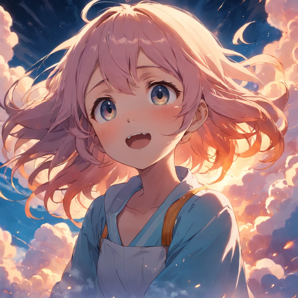 masterpiece, best quality, movie still, 1girl, cloud girl, floating in the sky, close-up, bright, happy, warm soft lighting, sunset, (sparks:0.7)
