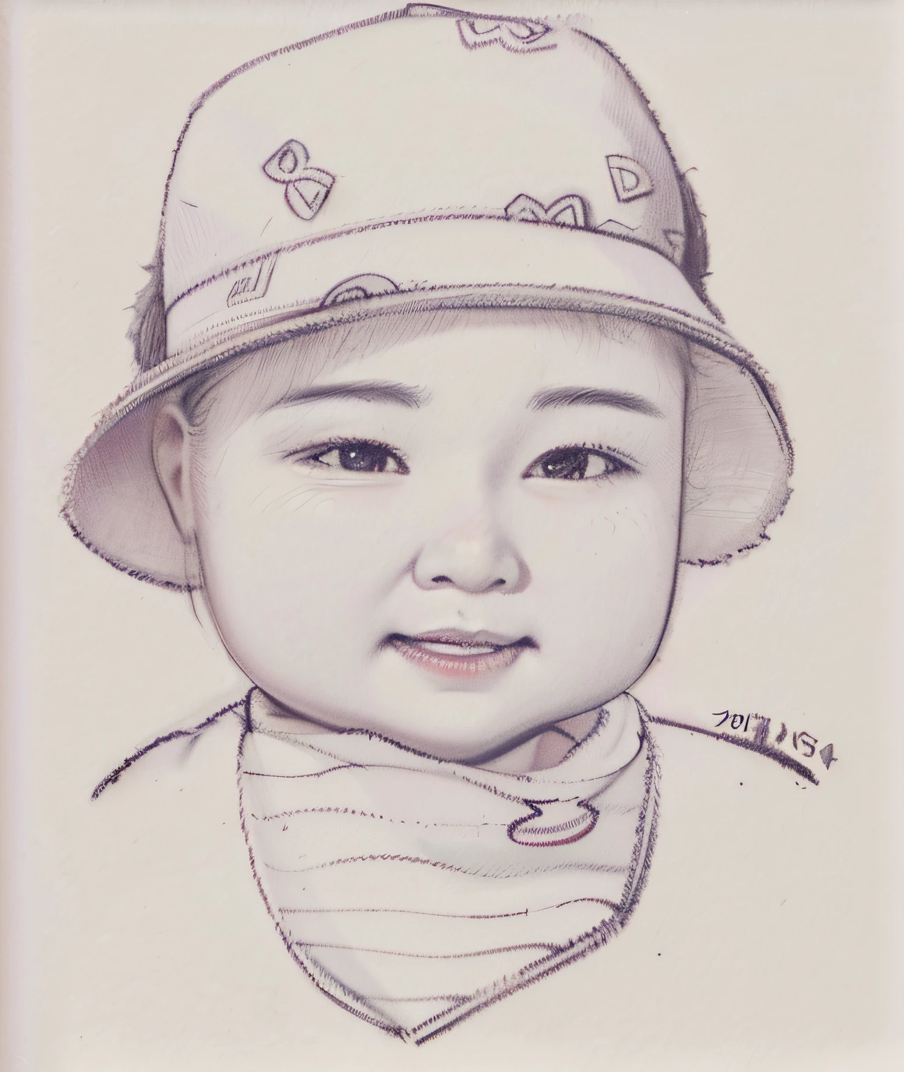 Painting of a baby wearing a hat and scarf, professional portrait drawing, Detailed portrait, cute portrait, professional sketch, realistic sketch, traditional portrait, Pencil sketch, Portrait drawing, head and waist potrait, Portrait. High detail, a pencil sketch, art sketch, author：Shen Shizhen, Kawaii realistic portrait, Realistic portrait, realism drawing, pencil drawing