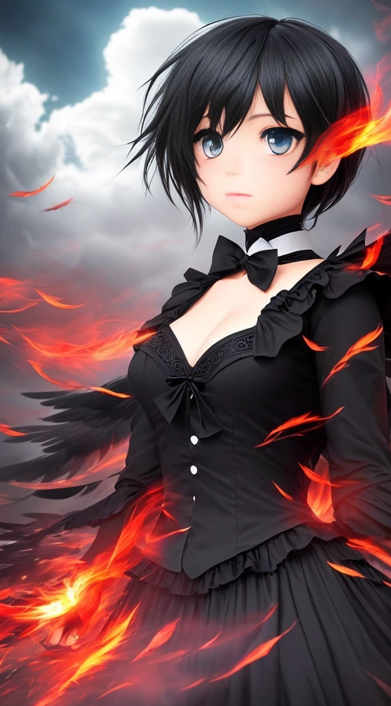 (Full body posing:1.5), (cartoony:1.5), (colorful:1.2), Dynamic angle, (extremely detailed CG unity 16k wallpaper:1.1), (Denoising strength: 1.45), (tmasterpiece:1.37), extremely detailed CG unity 8k, contour deepening beautiful detailed glow, (beautiful detailed eyes), (1 girl:1.1), ((Barge top sleeves, Floating black ashes, Beautiful and detailed black, red moon, ((The black clouds)), (black Wings), a black cloudy sky, burning, black dress, (beautiful detailed eyes), black expressionless, beautiful detailed white gloves, (crow), bat, (floating black cloud:1.5), white and black hair, disheveled hair, long bangs, hairs between eyes, black knee-highs, black ribbon, white bowties, midriff, {{{half closed eyes}}}, ((Black fog)), Red eyes, (black smoke), complex pattern, ((Black feathers floating in the air)), (((arms behind back))), illustration, god rays, sparkle, glowing light, (((masterpiece))), best quality