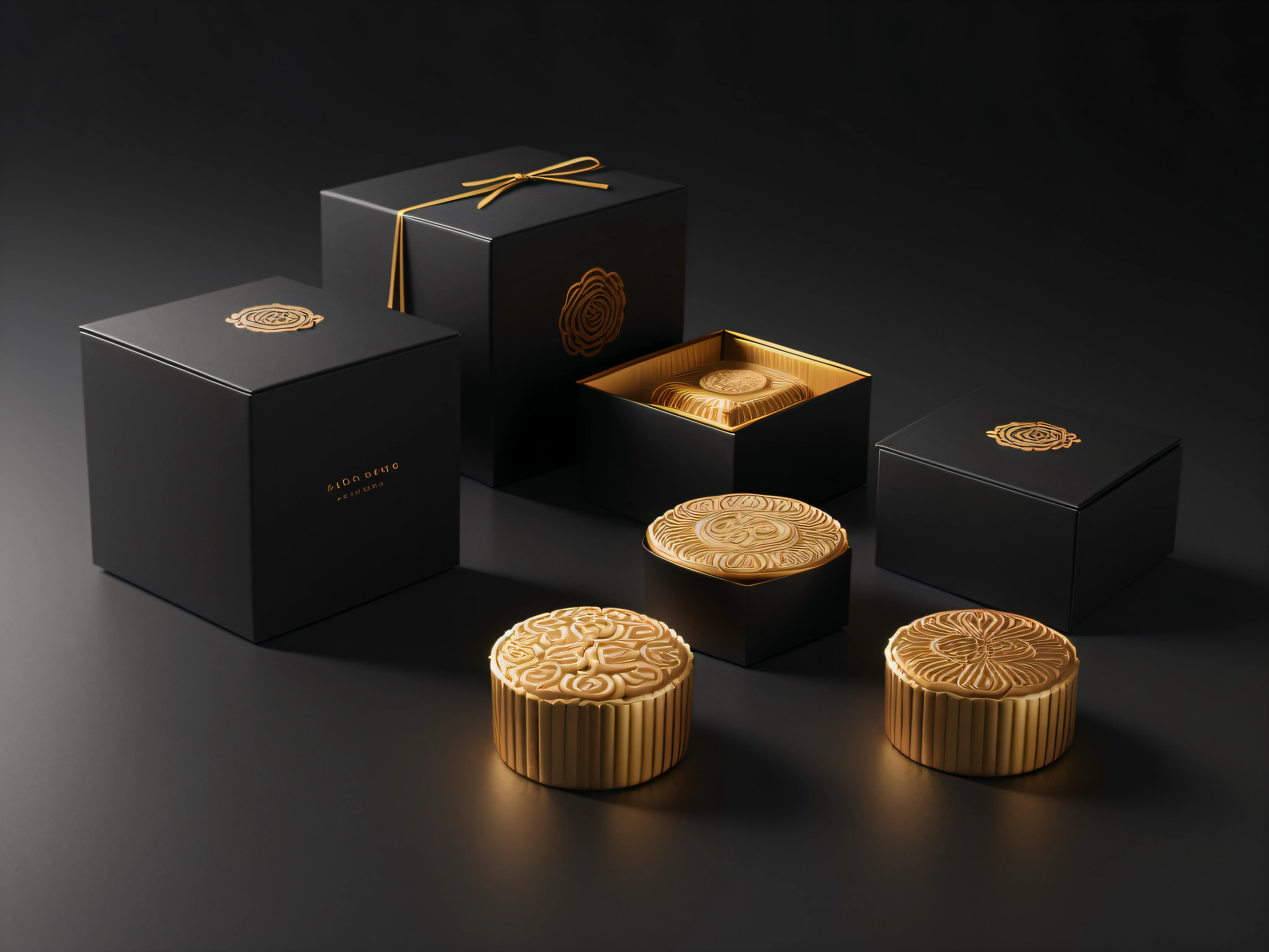 On the table was a box of beautifully wrapped mooncakes in black, Packaging modern design，Simple and atmospheric black boxed design，professional product photography，Product rendering, rendered in 3 dsmax, 3 d product render, Hong Kong, highly detailed render, high quality 3d render, high quality 3 d render, Rendered in Cinema4D