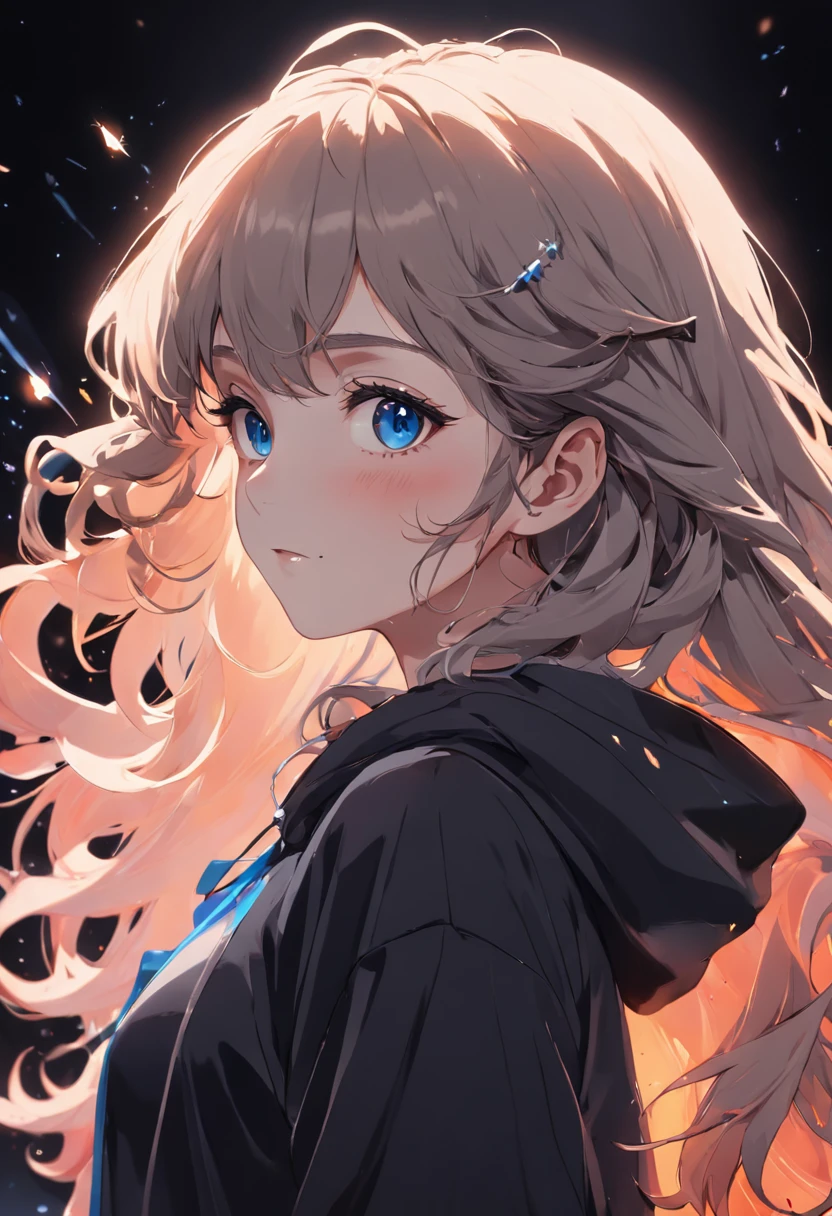((best quality)), ((masterpiece)), highres, original, extremely detailed wallpaper,an extremely delicate and beautiful,illustration,cinematic lighting, volume lighting, bloom effect, light particles,((1 girl)),beautiful detailed eyes,long sleeves, hoodie,frills, no shadow, simple background, (((black background))), European style, bright skin, (((1980s (style)))), movie theater, silhouette, greyscale, monochrome,((Big wavy curls)), slit pupils,(((looking back))),cinematic angle, (((close-up))),(((portrait))),lens flare,seductive smile, tarot, medium hair