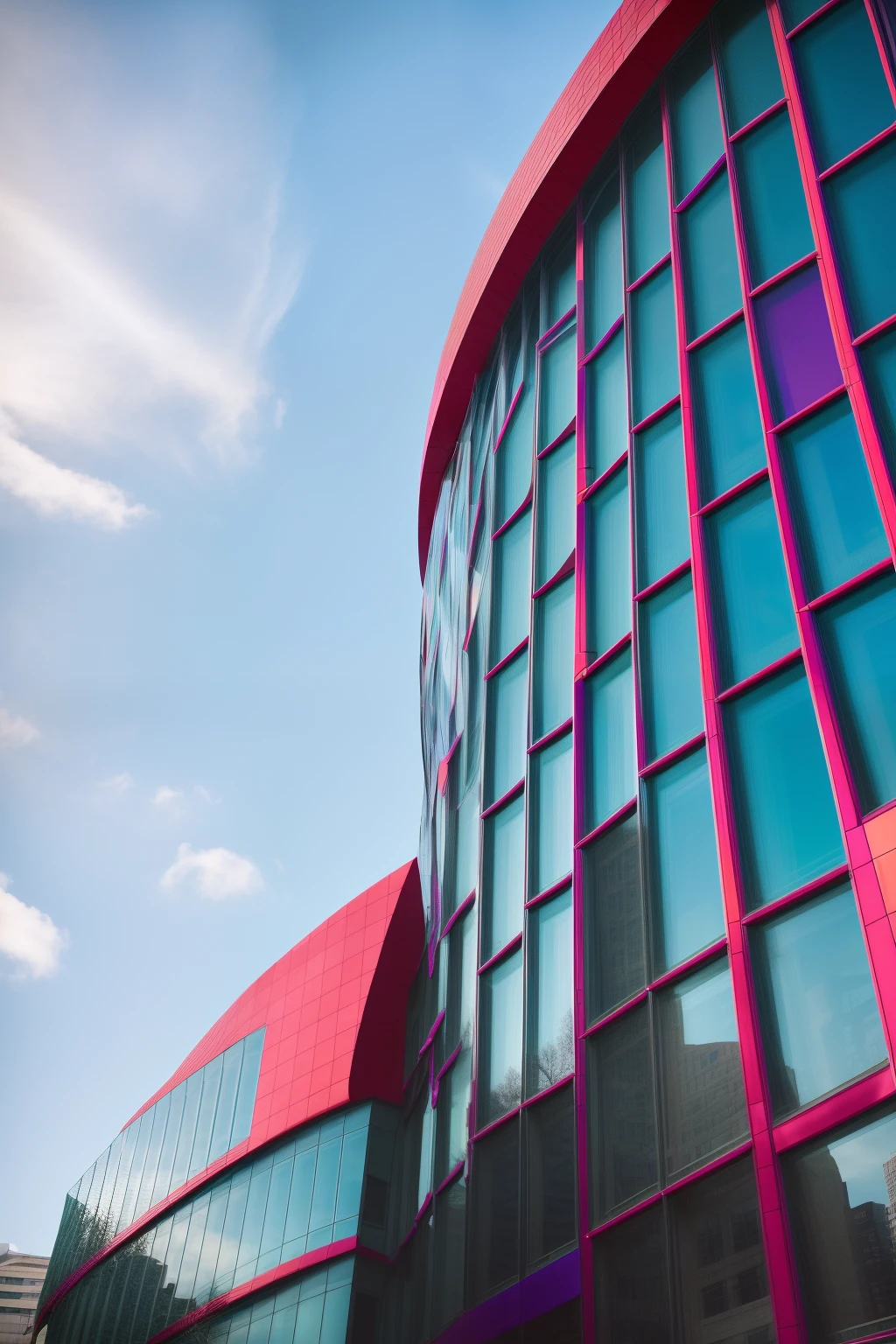 Close-up of a building with many windows and sky background, Colorful architecture, abstract facades of buildings, colorful building, glass wall, Fuchsia - blue building, rounded architecture, curved perspective, Color ( sony a 7 r iv, Sky blue and red tones, curvilinear architecture, architecture photo, architectural photography, details and vivid colors