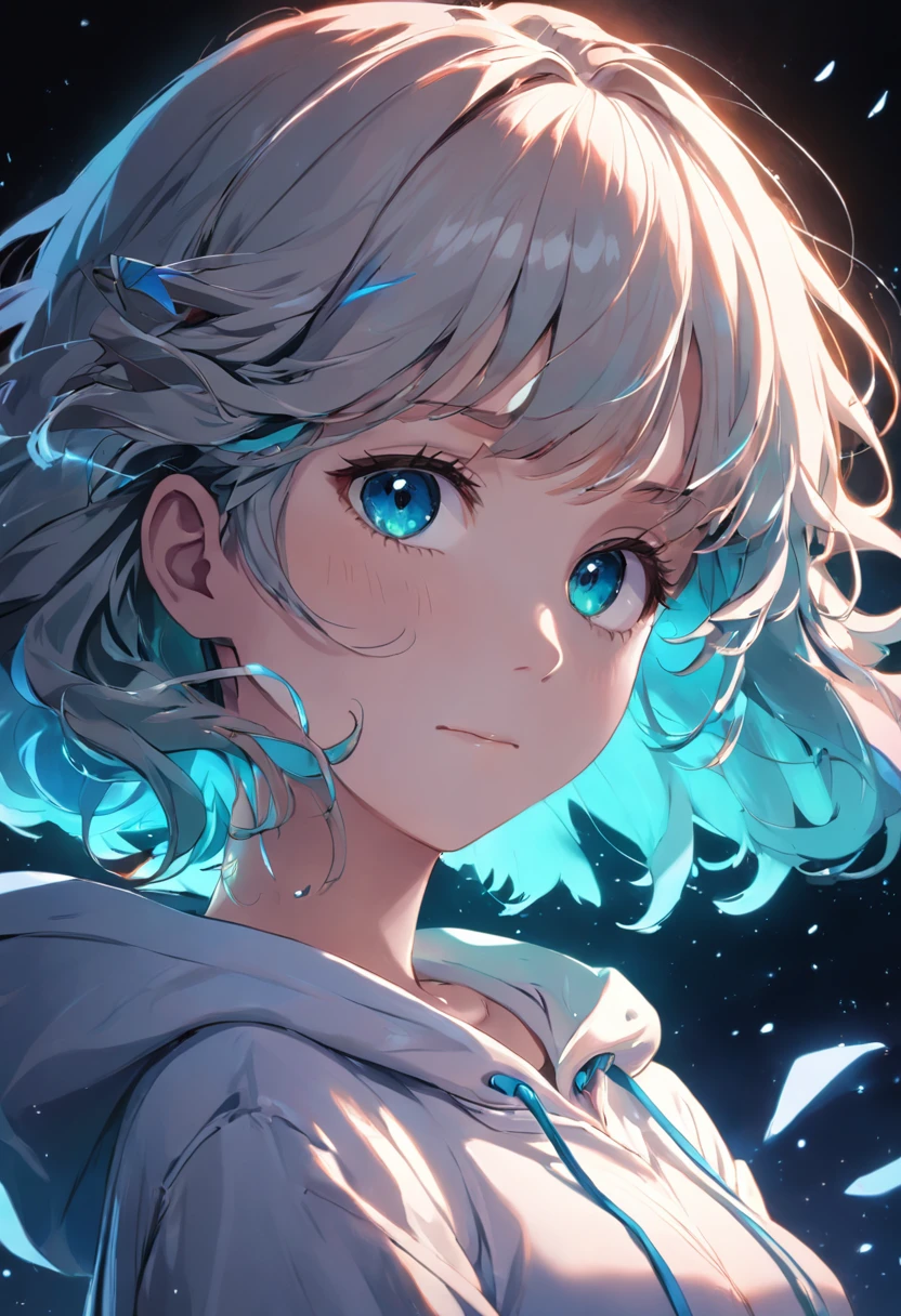 ((best quality)), ((masterpiece)), highres, original, extremely detailed wallpaper,an extremely delicate and beautiful,illustration,cinematic lighting, volume lighting, bloom effect, light particles,((1 girl)),beautiful detailed eyes,long sleeves, hoodie,frills, no shadow, simple background, (((black background))), European style, bright skin, (((1980s (style)))), movie theater, silhouette, greyscale, monochrome,((Big wavy curls)), slit pupils,(((looking back))),cinematic angle, (((close-up))),(((portrait))),lens flare,seductive smile, tarot, medium hair