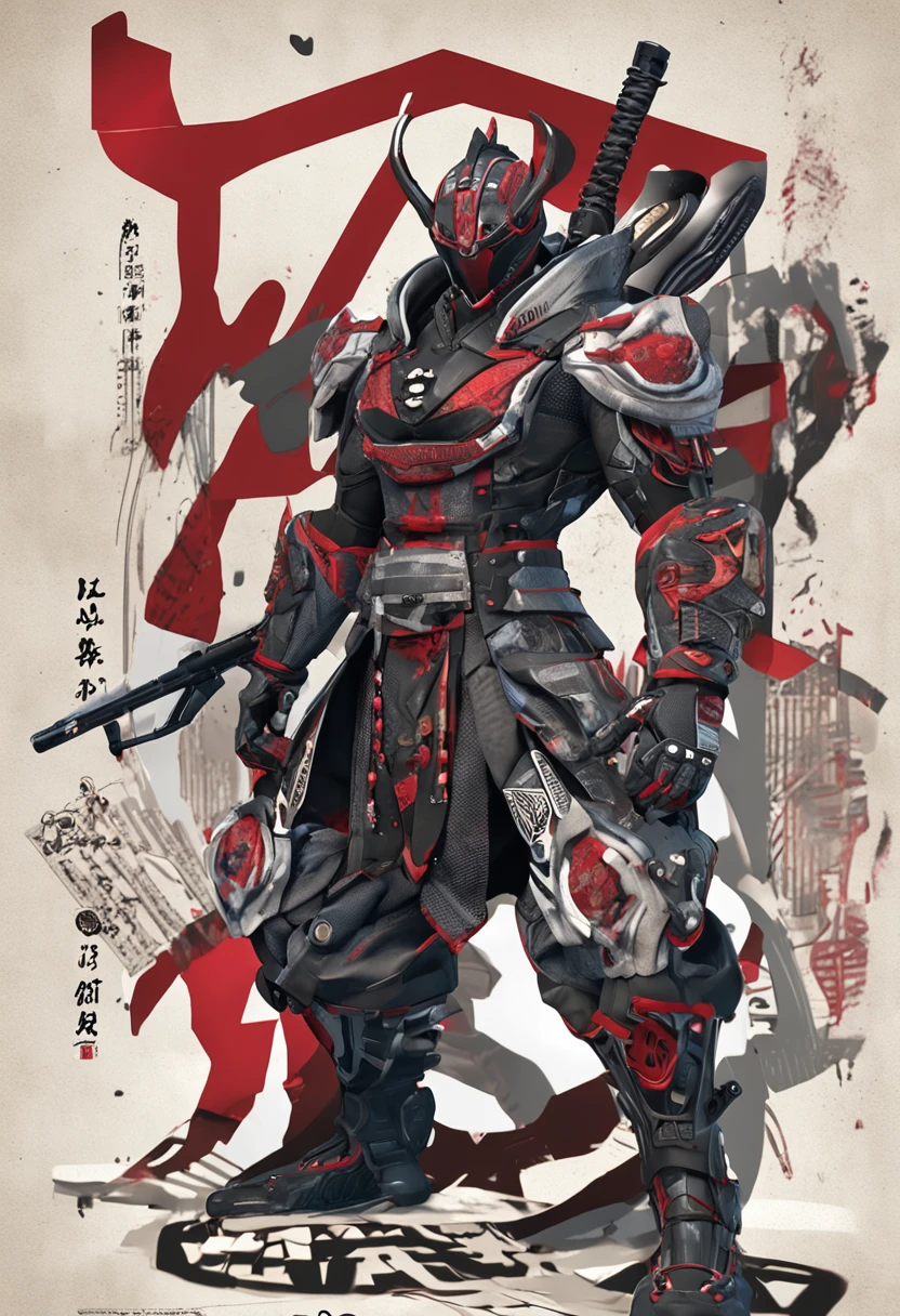 kamen rider black, YAKUZA style Aged texture, There are some Chinese characters and trendy labels on the clothes white background, full body, trendy toys design, a character portrait by Okumura Togyu, featured on pixiv, toyism, anime aesthetic, flat colors, dynamic angle masterpiece, best quality, hyper details, c4d, octane render, blender --ar 9:16 --style expressive --s 180