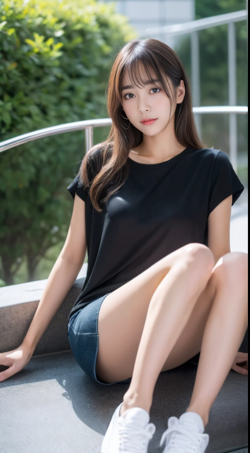 ((Best picture quality, 8K, tmasterpiece:1.3)), 1girll, Casual hairstyle, （Low-cut blouse，short  skirt：1.3）,（wet see through clothes：1.4），Ultra-fine face, A detailed eye, 二重まぶた，（long leges：1.4），（athletic sneakers：1.3）Erlang legs，Sit sideways on the sofa
