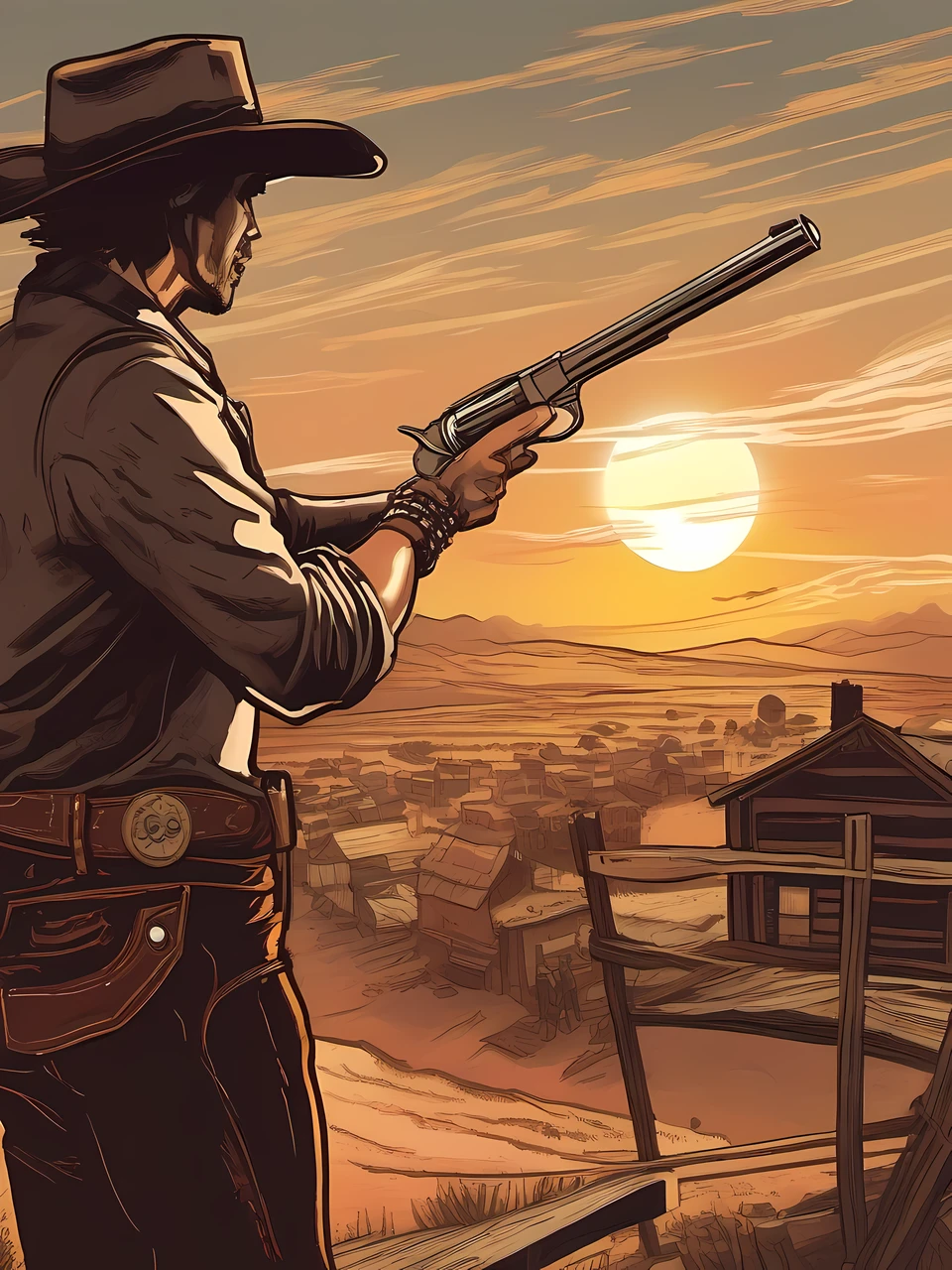 Illustration of the back of a cowboy holding a revolver-style pistol facing the setting sun、Holding a pistol towards the setting sun、Poses that everyone longs for、Legendary poses、A handgun is held at the cowboy's waist.、Sunset、Sinking towards the horizon、Big sunset、Western town background、Dusty、The wind is blowing、