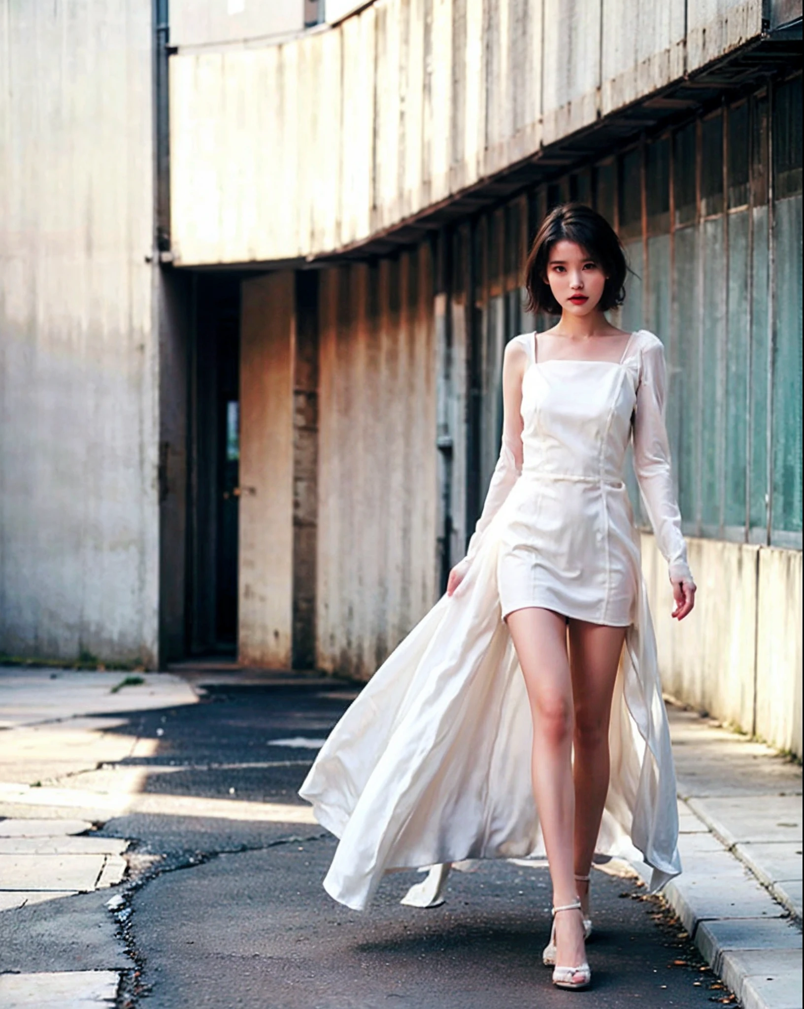 White Dress,Beautiful Girl,Walking,Looking at Viewer,Walking,Short hair,