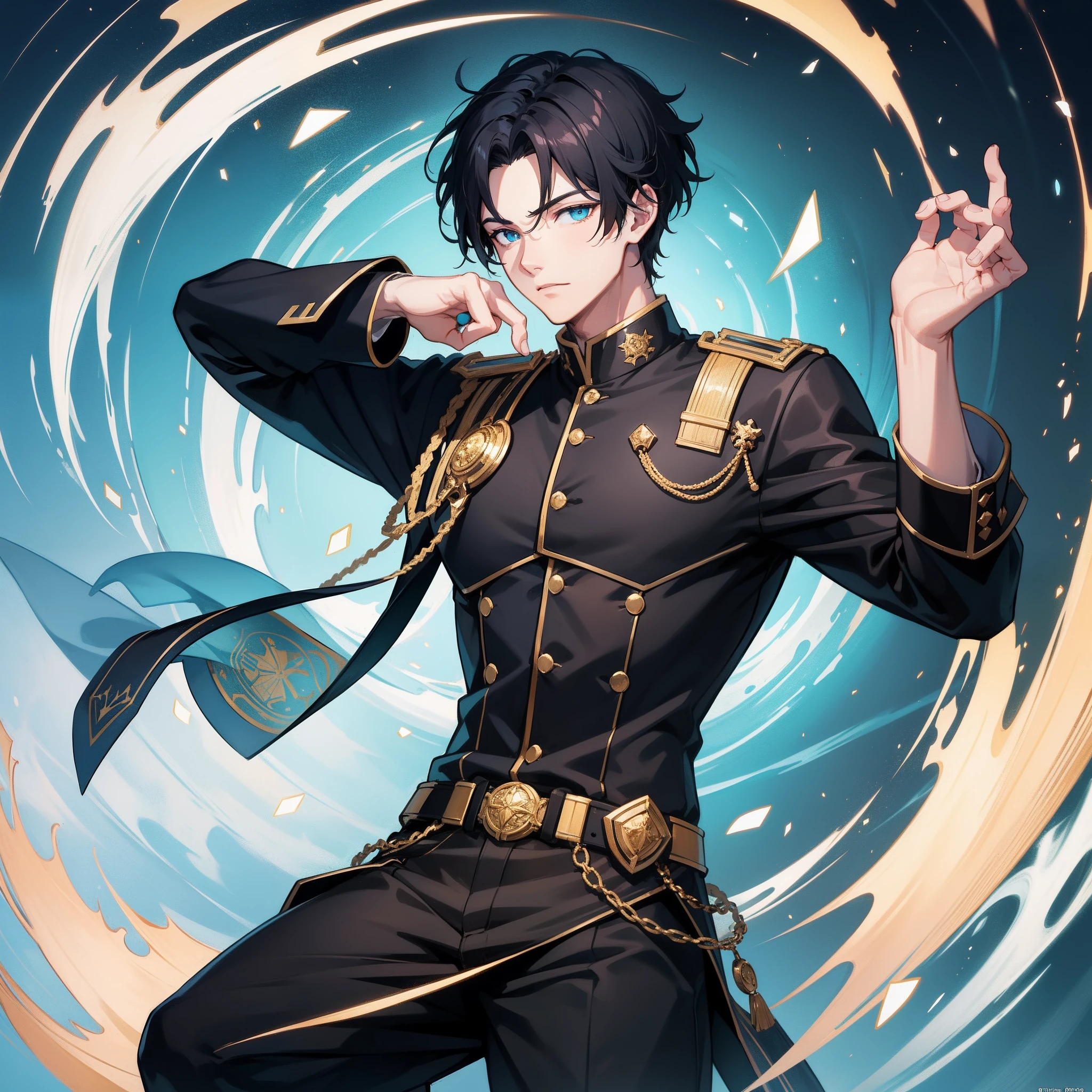 A handsome boy。20yr old,Black hair,blue color eyes,Look at the green ring in your hand,Illustration and anime style, 4K,hyper HD,tmasterpiece