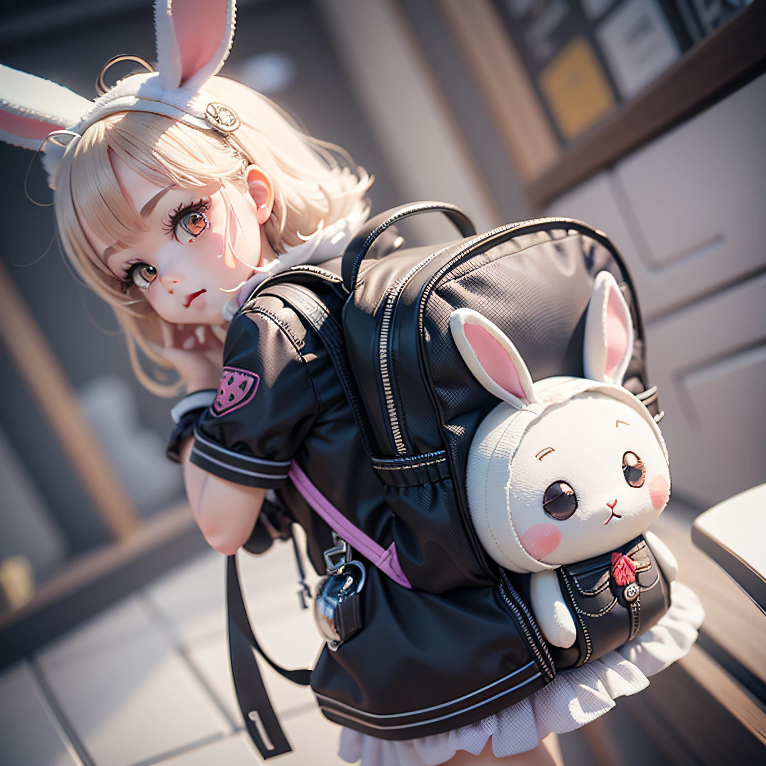 There is a white bunny doll with a backpack and a backpack, cute 3d render, render of a cute 3d anime girl, very detailed character, cute detailed digital art, cute character, 3d rendering stylized, female explorer mini cute girl, original chibi bunny girl, soft 3D rendering, Cute! C4D, Stylized anime, Redshift to render