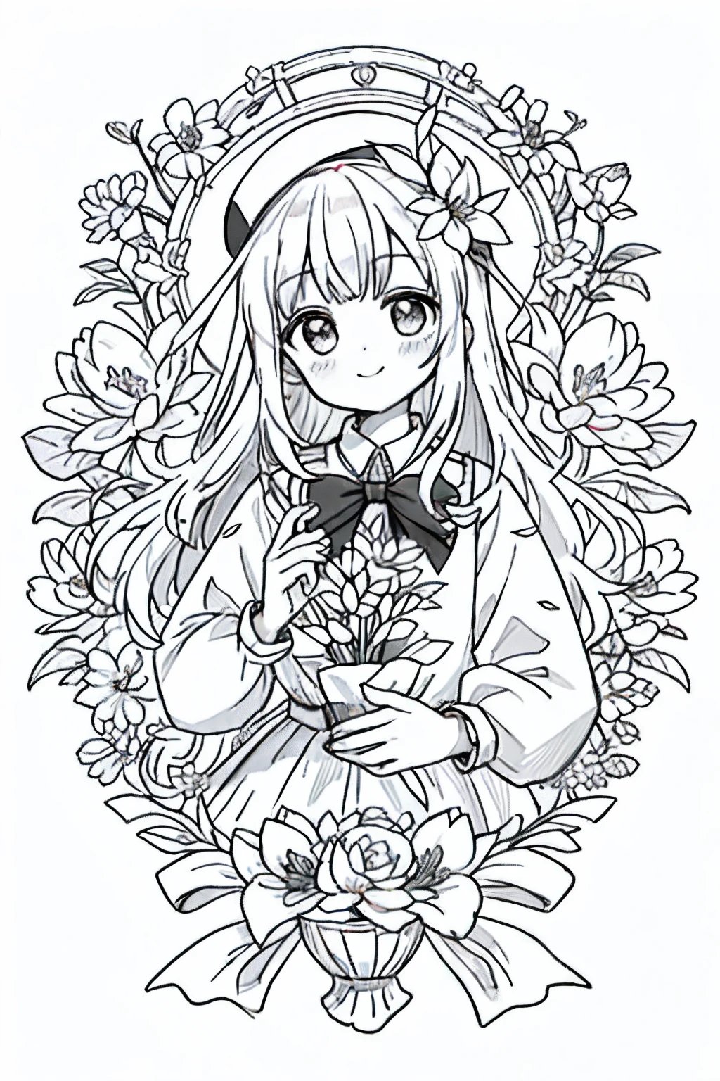 masterpiece, Better Quality, 1 Barbie Happy Girl, Solo, beautiful and detailed face、The long-haired, look at viewr, smil, fringe, skirt by the, The shirt, long-sleeve, Hats, doress, the bow, Attending, a closed mouth, florals, frilld, flower in hair, flower petals, flower bouquet, Clamp Flower, Central steering wheel, hoods, Flower clamp bouquet, field, florals, borgar, linear art, monochromes,
