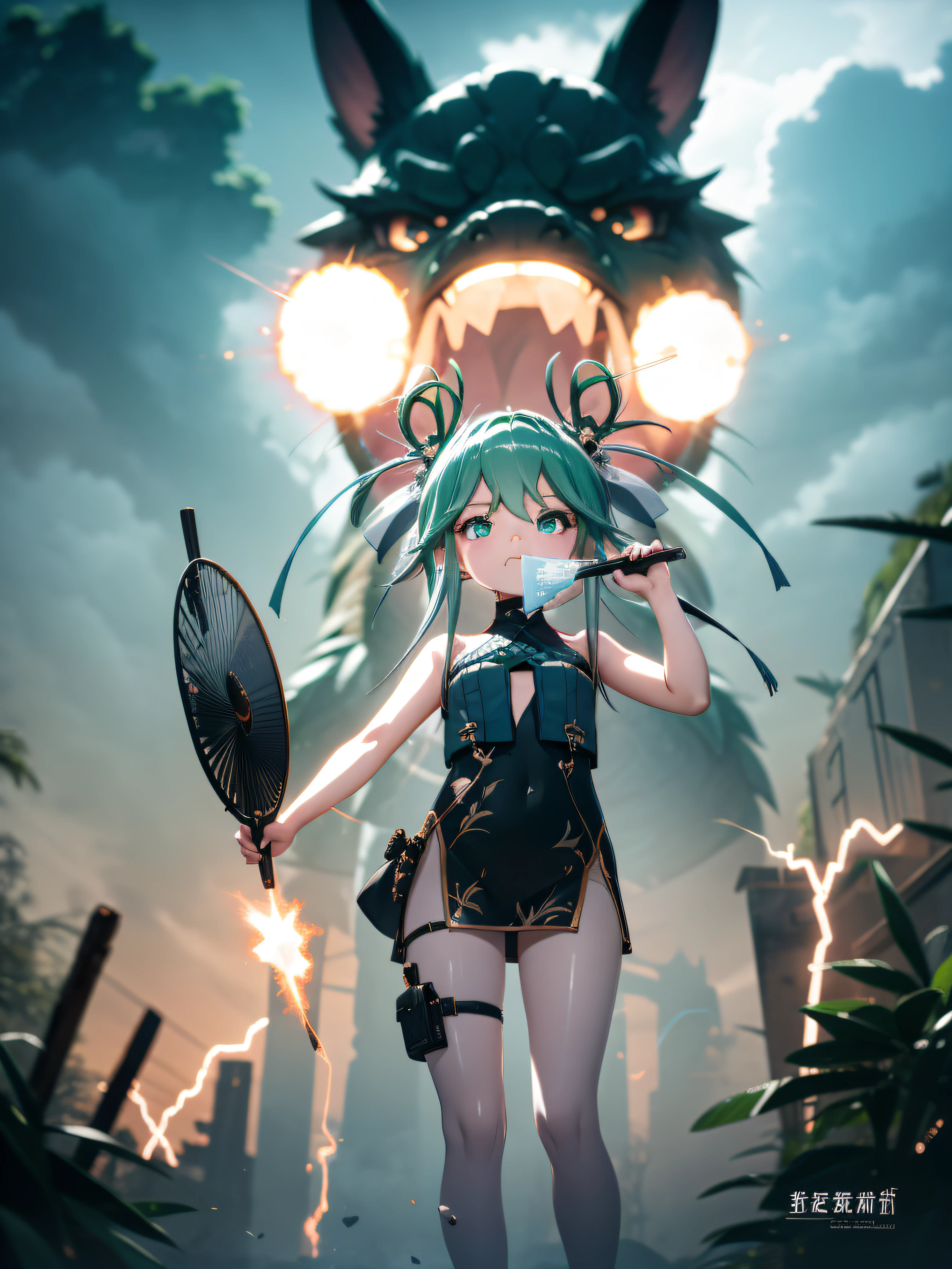 , standing in front of the dragon statue, holding fan, glaze expression, wearing a green China short dress, heels, Beautiful eyes, close up, lightning effect, lightning particle, outdoor, masterpiece