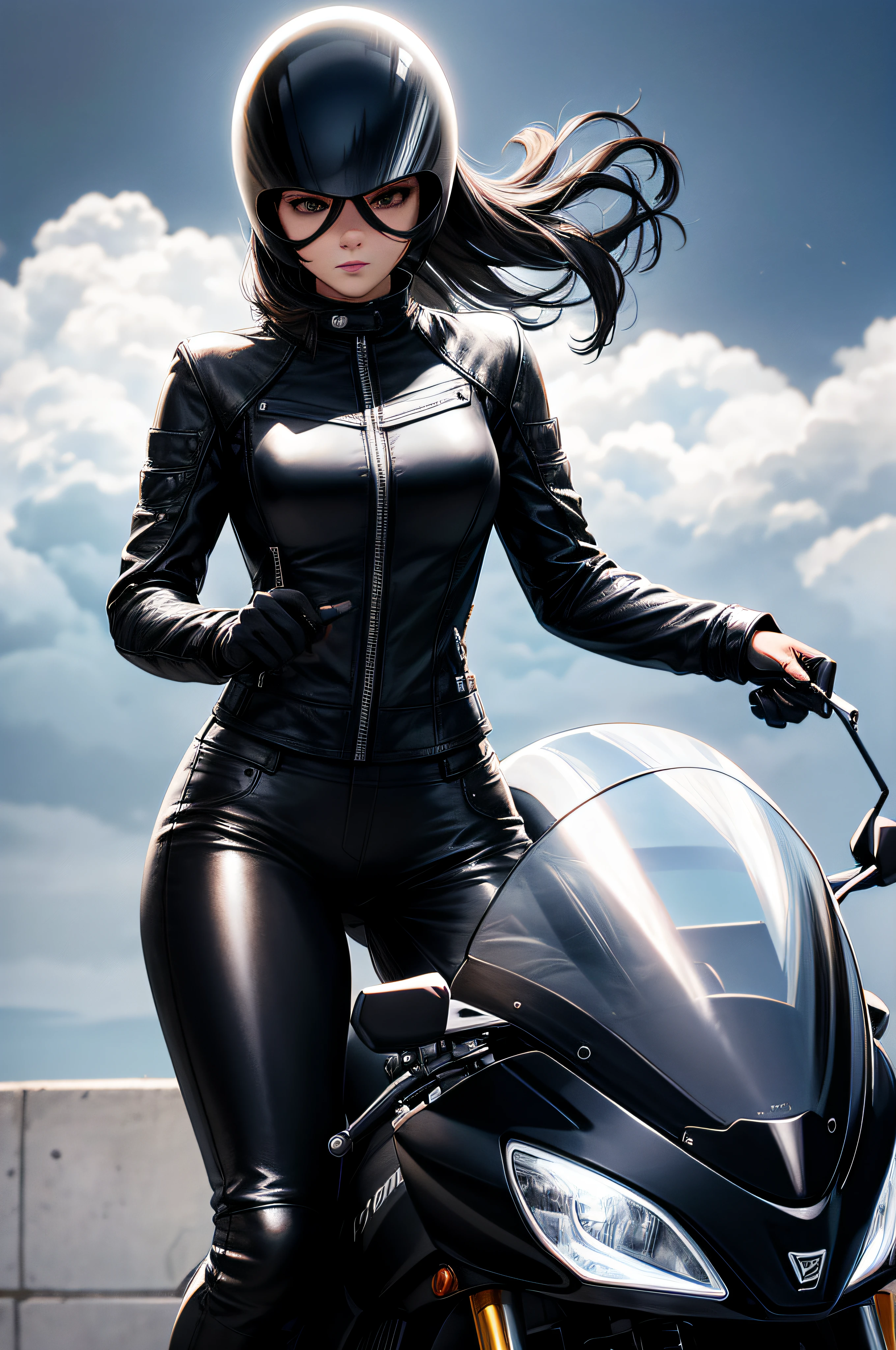 illustration,black leather clothes,Black helmet,Lateral 45 degrees,The female rider shows her face,Motorcycle riding