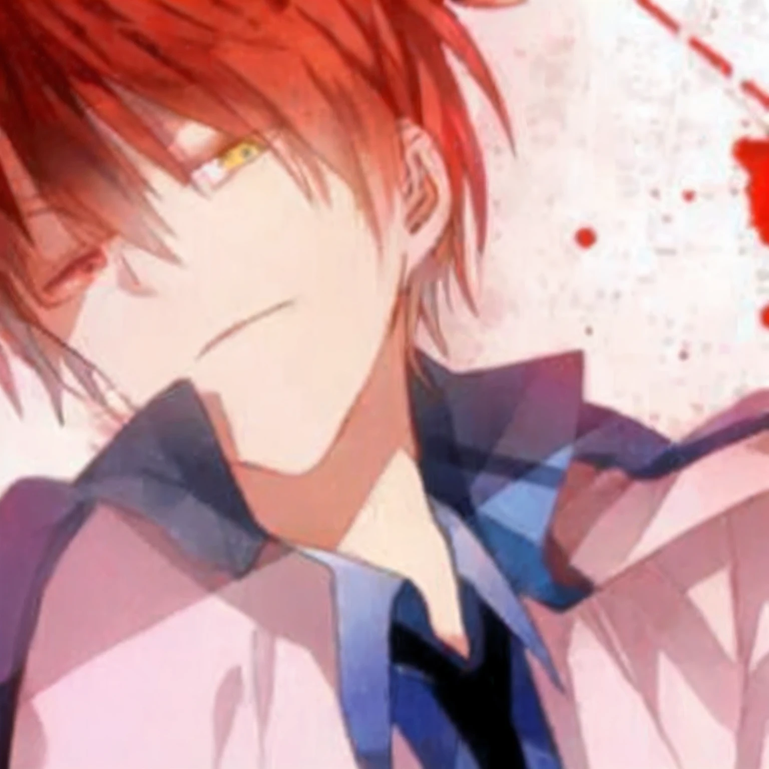 Anime image of a man with red hair and tie, gapmoe Yandere, his eyes are bleeding intense, ( ( ( yoshinari yoh ) ) ), Yandere, orange - haired anime boy, makoto kano, messy spiked red hair, pin on anime, Tall anime guy with blue eyes, Male anime style, personal profile picture, Anime boy