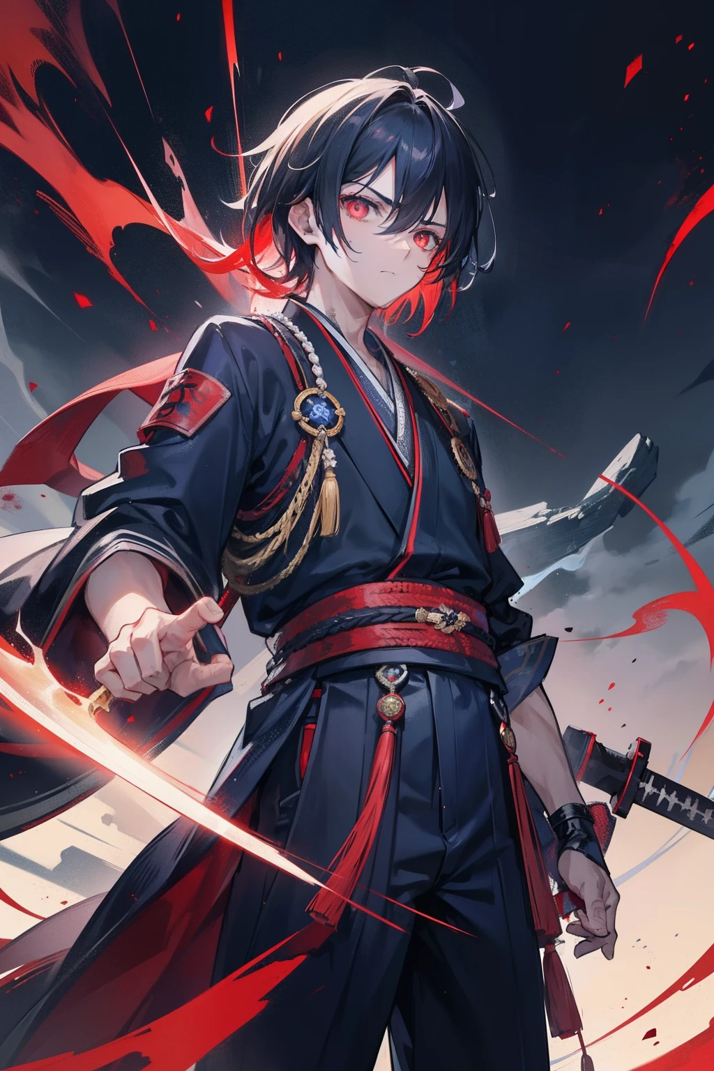 Male ,cabelos preto e longos,Red-eyed teenage man,nigh sky,AB,Dark blue jacket,Hakama,Aoba Ori,Holding a huge blood-colored weapon in one hand,A Japanese style,Ruthless eyes,CG compositing,Japan best swordsman、Glowing eerily with lightning、worn-out、Wallpaper 8K