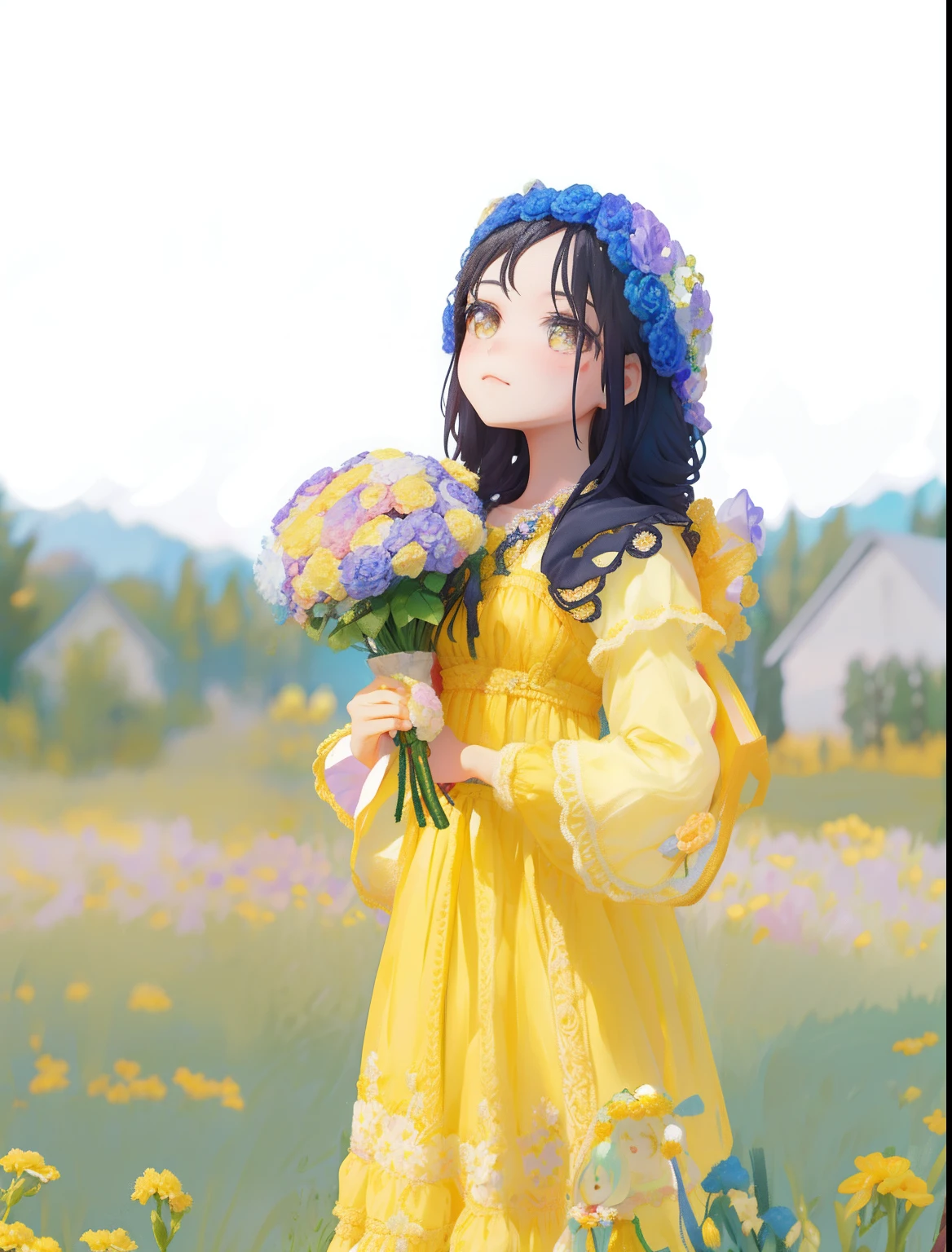 There is a crochet doll holding a bouquet of flowers, With flowers, flower child, with yellow flowers around it, Shot on Canon EOS R 6, doll in hand, Holding flowers, crochet, the girl made out of flowers, flower queen, dressed in a flower dress, Bouquet, Girl in a flower field, girl with a flower head, carrying flowers