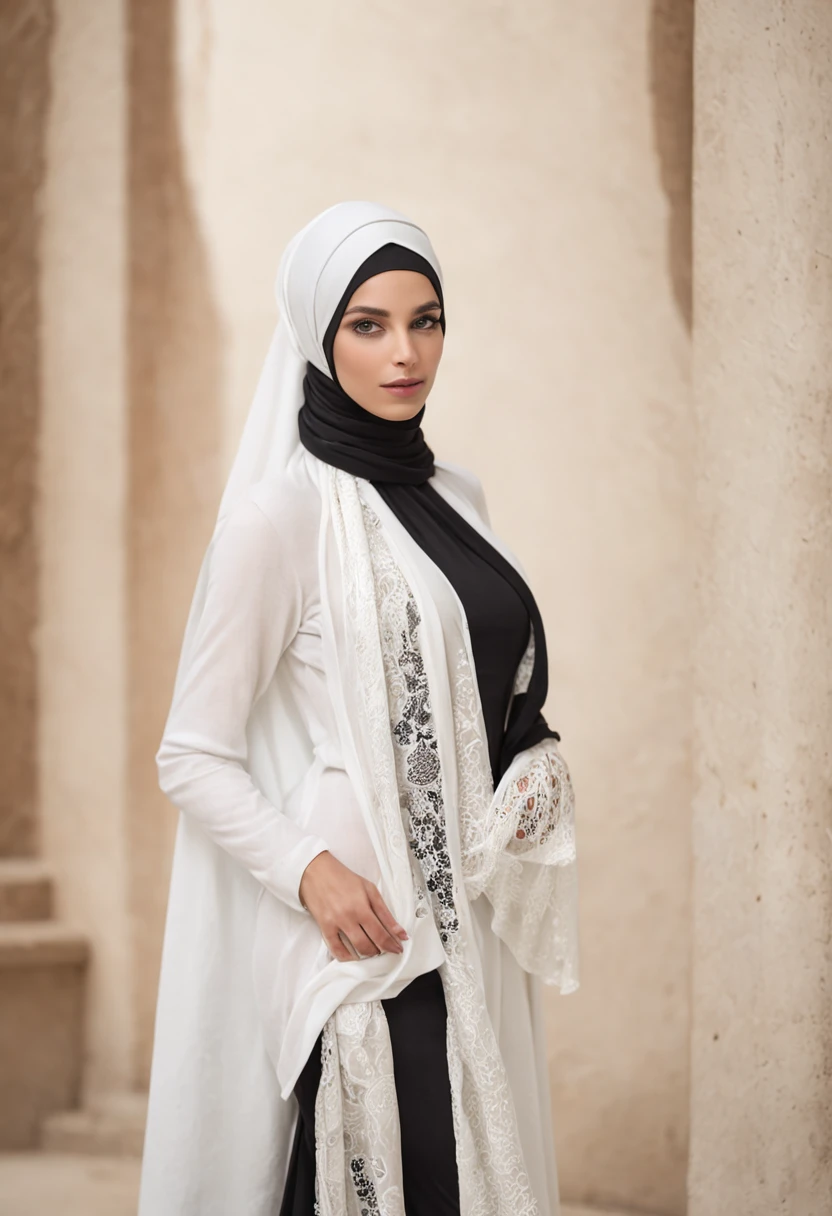 "A woman in a white burqa and black front open scarf, gracefully standing in a beautifully decorated room with Islamic motifs