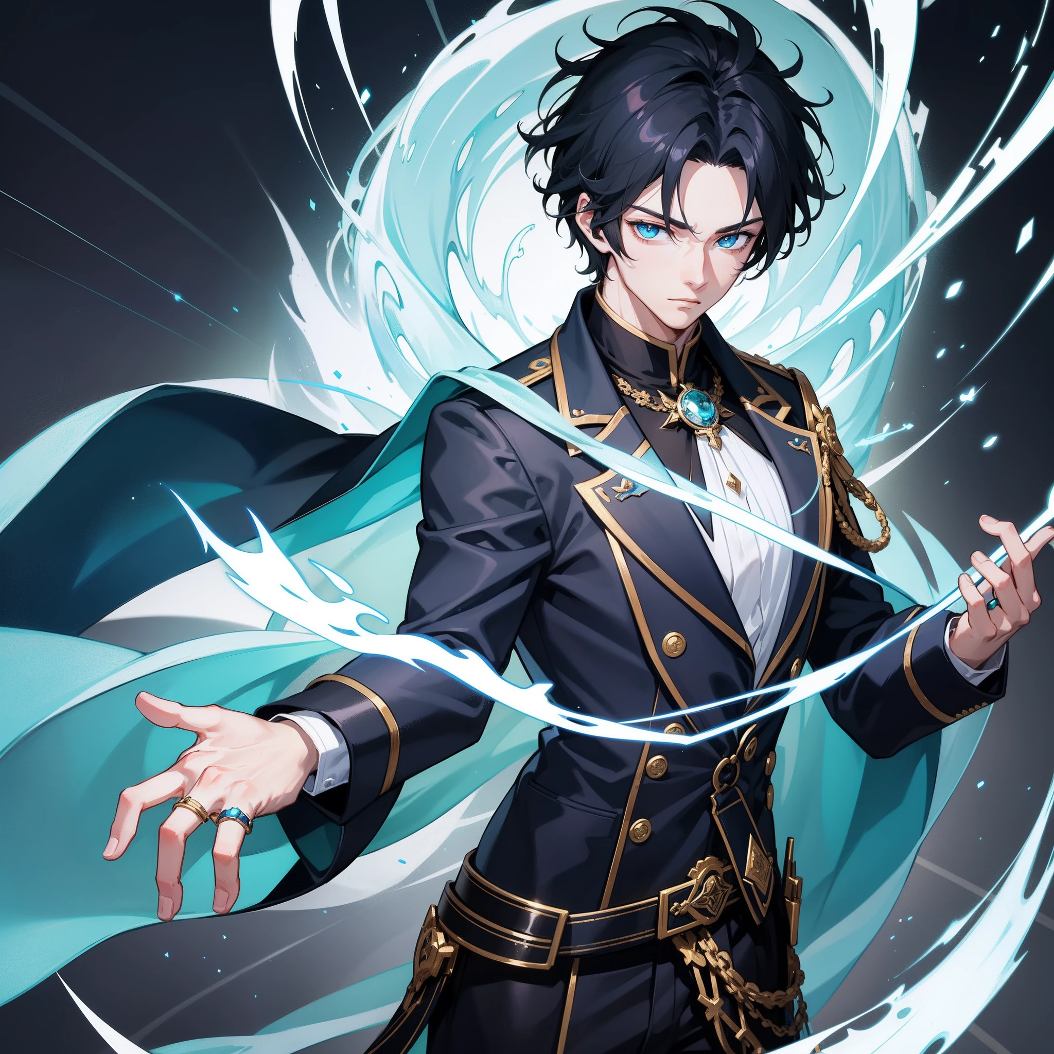 A handsome boy。20yr old,Black hair,blue color eyes,Look at the green ring in your hand,Illustration and anime style, 4K,hyper HD,tmasterpiece