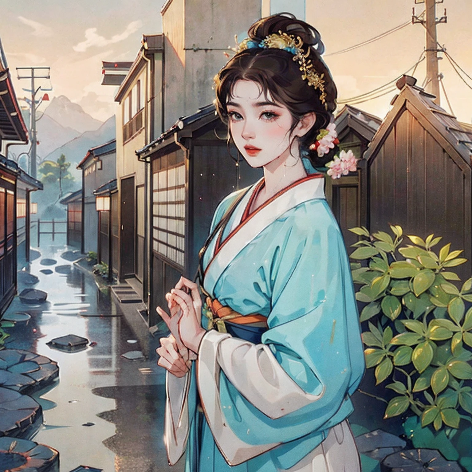 A beautiful girl walking in a centeres of an ancient village of japanese style, wearing japan traditional dress, short brown hair, beautiful eyes, wet street, cinematic, sunset --auto