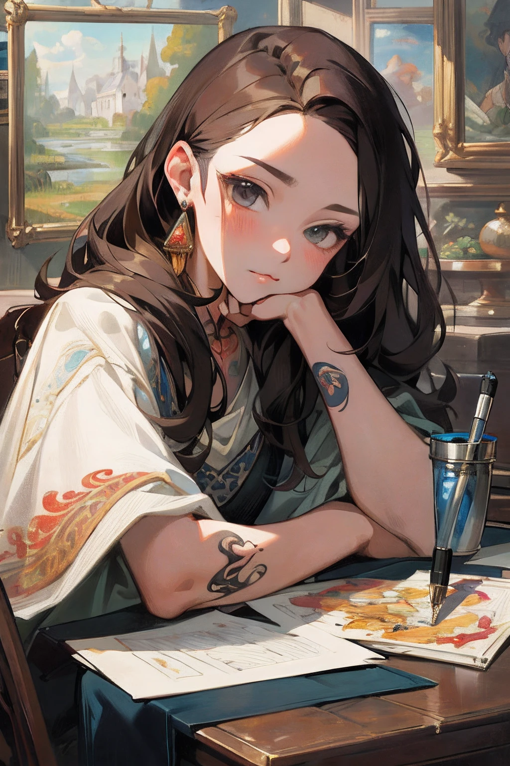 tmasterpiece,Need,The best beautiful girl,Extremely beautiful,World Masterpiece Theatre,super-fine,Need,Need,brunette color hair,A high resolution,Need,1girll,Need,illustratio,looking at viewert,Tattoo pen in hand uninhibited, canvas, oil painted, Realistic, Realist,Real,