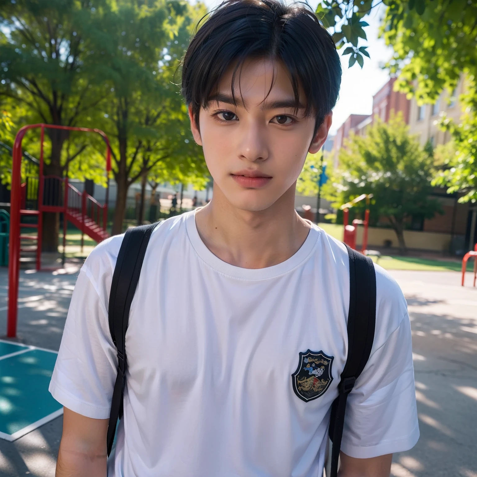 tmasterpiece,best qualtiy,A high resolution,超A high resolution,Realiy,realisticlying,A male high school student,with short black hair,Handsome face,In the playground,rays of sunshine