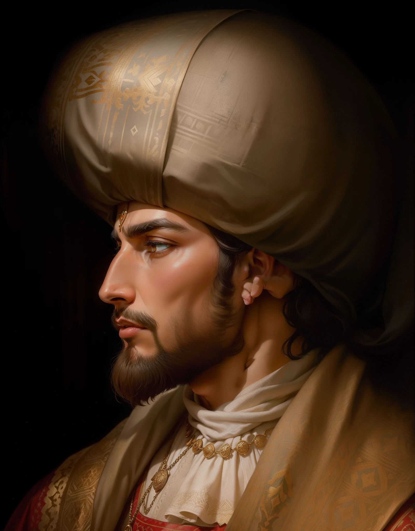 Ismail I, King of Kings, Shahanshah, man, age of 25, young, big obvious forehead, 16th century, renaissance, age of exploration, Iranian, a big white scarf, Iran Style clothes, very expensive and luxurious clothes, , the greatest of all the timescapable, powerful, determined, solid, hero, handsome, attractive, brave, energetic, clever