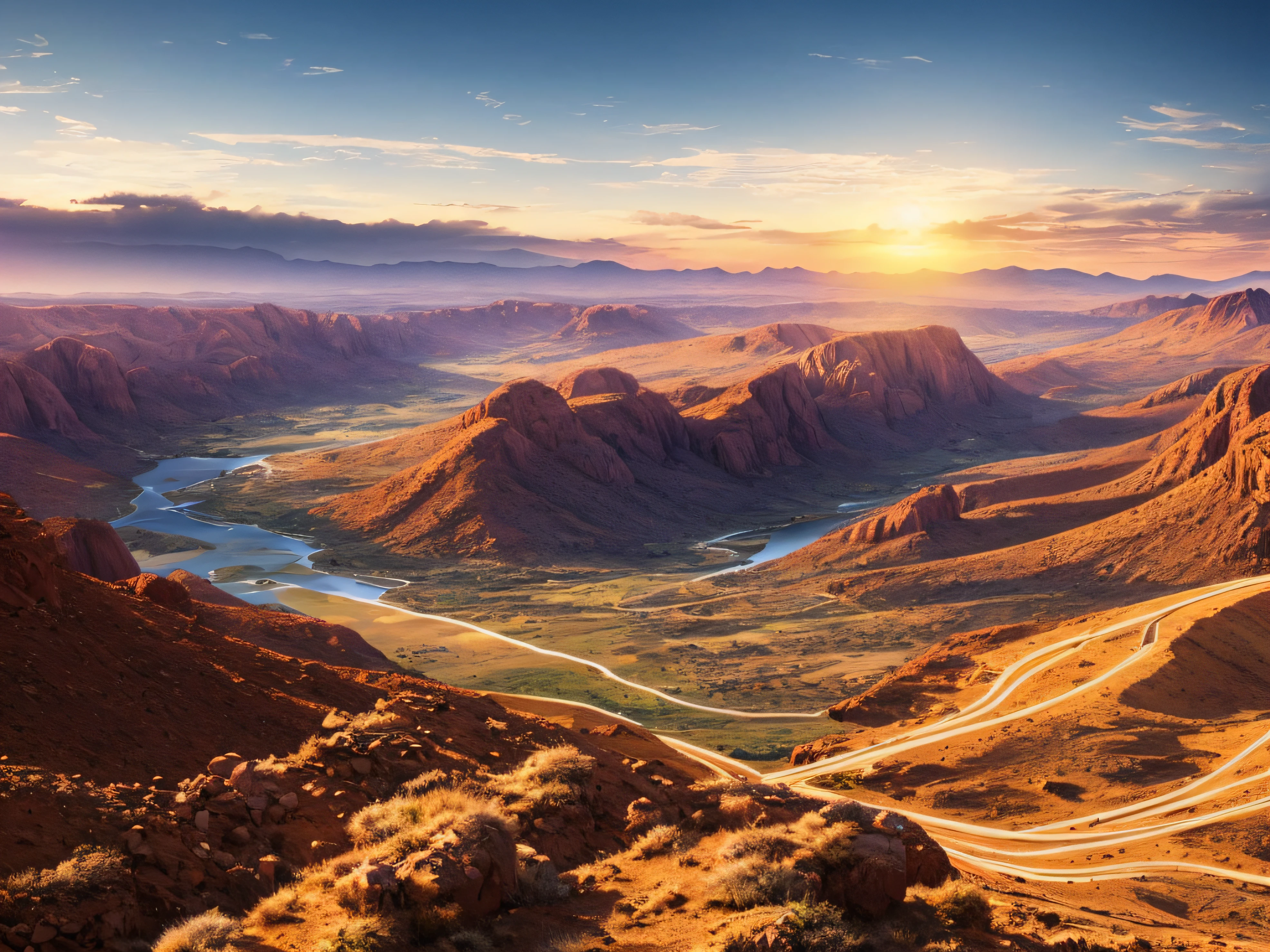 peaceful landscape, Cinematic, 8K, Detailed, Realistic , rendering by octane, ((Intricate details)), hdr, ((Intricate details, ultra - detailed)),Vista overlook,A desert