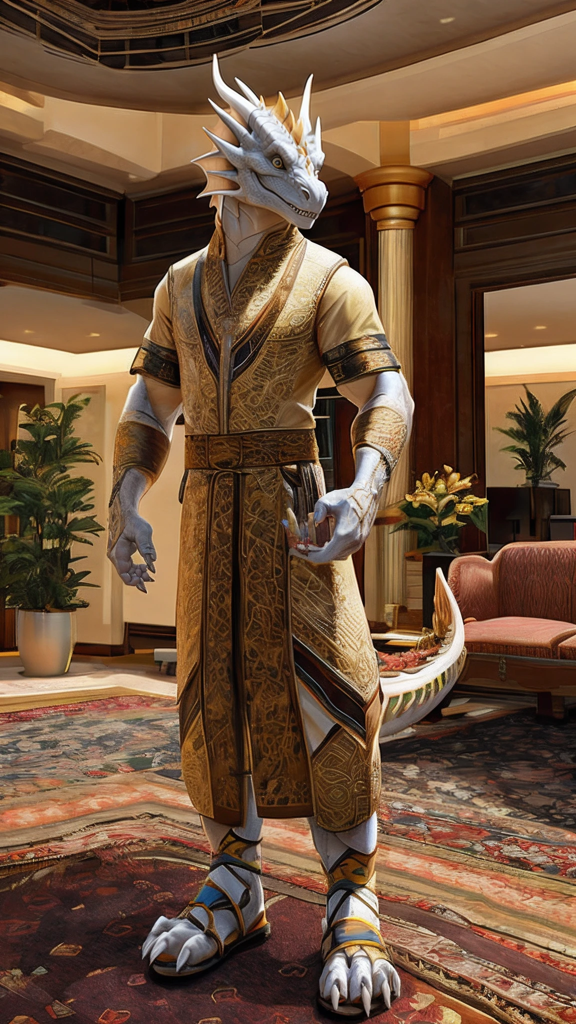 Bionic dragon,Golden White Dragon,female,White Hanfu,sandals,anthor,Children,Standing on the carpet in the hotel,HD graphics,Detailed and realistic,high detal,high qulity,photo-realistic,photorealistic eye,Detailed paws,Clear eyes,Masterpiece artwork,Five-fingered hands,top-quality,32k,hyper HD