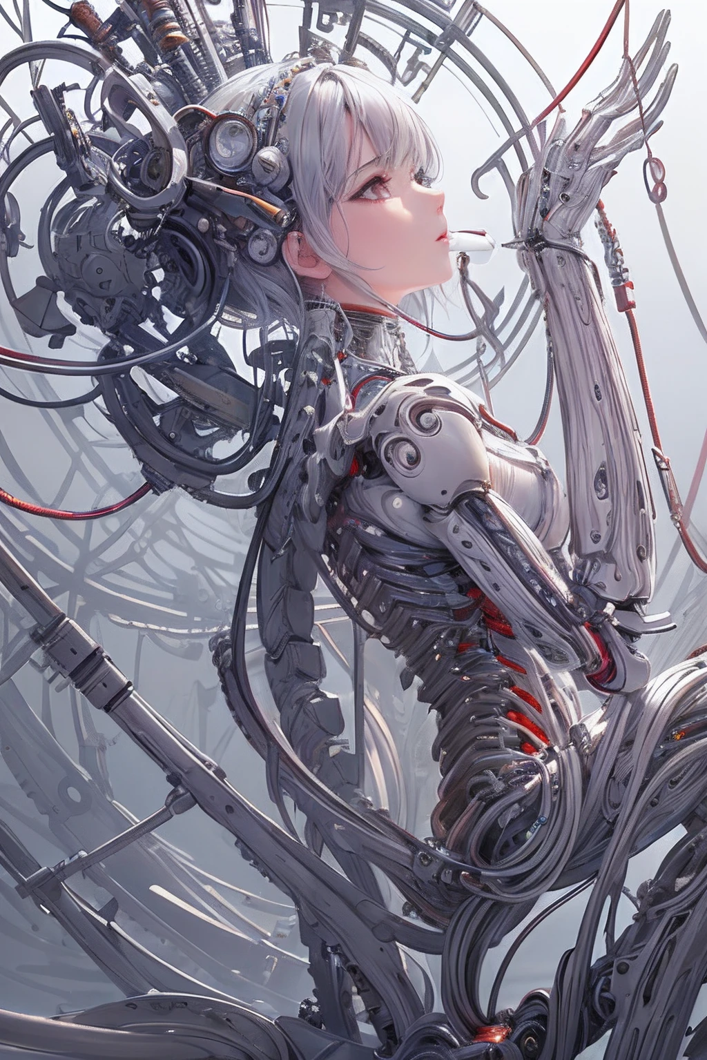 (((masterpiece))), (((best quality))), ((ultra-detailed)), (highly detailed CG illustration), ((an extremely delicate and beautiful)),(from side),cinematic light,((1mechanical girl)),solo,full body,(machine made joints:1.2),((machanical limbs)),(blood vessels connected to tubes),(mechanical vertebra attaching to back),((mechanical cervial attaching to neck)),(sitting),expressionless,(wires and cables attaching to neck:1.2),(wires and cables on head:1.2)(character focus),science fiction,white background, extreme detailed,colorful,highest detailed