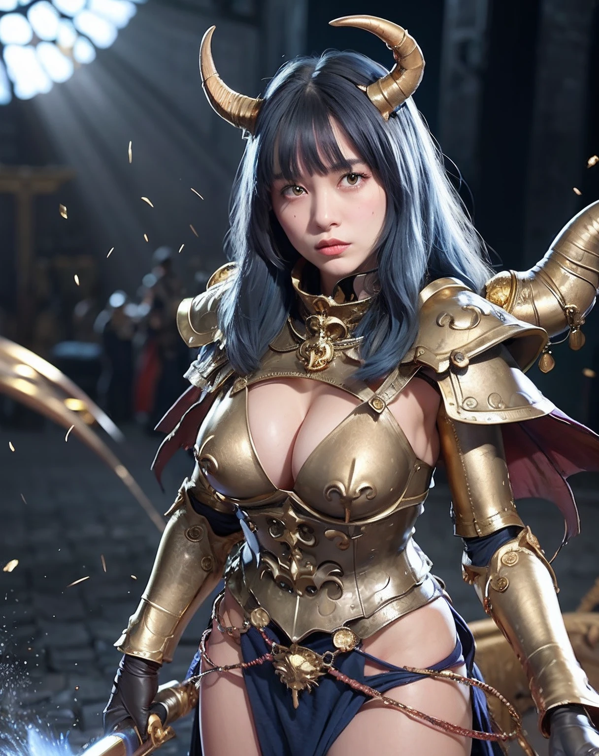 Professional , masterpiece、top-quality、photos realistic , depth of fields 、(Gemstone Blue Metal Body:1.2),(Matte Blue Black、(Standing in the church)、gold patterns、Wind-effect、Light Effects、Wind-effect、magic circles、(cleavage of the breast)、Dragon Gold Weapon(Dragon Metal Body:1.4),Gorgeous gold weapons ,(Particles of light)、 ,Fight soldiers with skeleton armor ,(fierce look)、Mystical expression、16-year-old beautiful girl、(( Dragon's dense and gorgeous sword)) , Ultimate Beauty 、((Blue hair))、(Castle background)、Fight dragons、Fight with weapons、((Gangle's forest background))、Beautiful Caucasian beauty、(1a person)、dynamic ungle,(((Details of the two demon horns on the head)))、Smaller head、A smile、Castle background、Thin and beautiful female hands、cleavage of the breast、Soldier in iron armor on background、Mystical expression、Light Effects、Wind-effect、magic circles、With the legendary magic wand、(demonic wings)、(Blue hair)、(1 persons)、Battle Look、Anatomically correct body、Toostock、Toostock、knee、Fight soldiers with skeleton armor ,