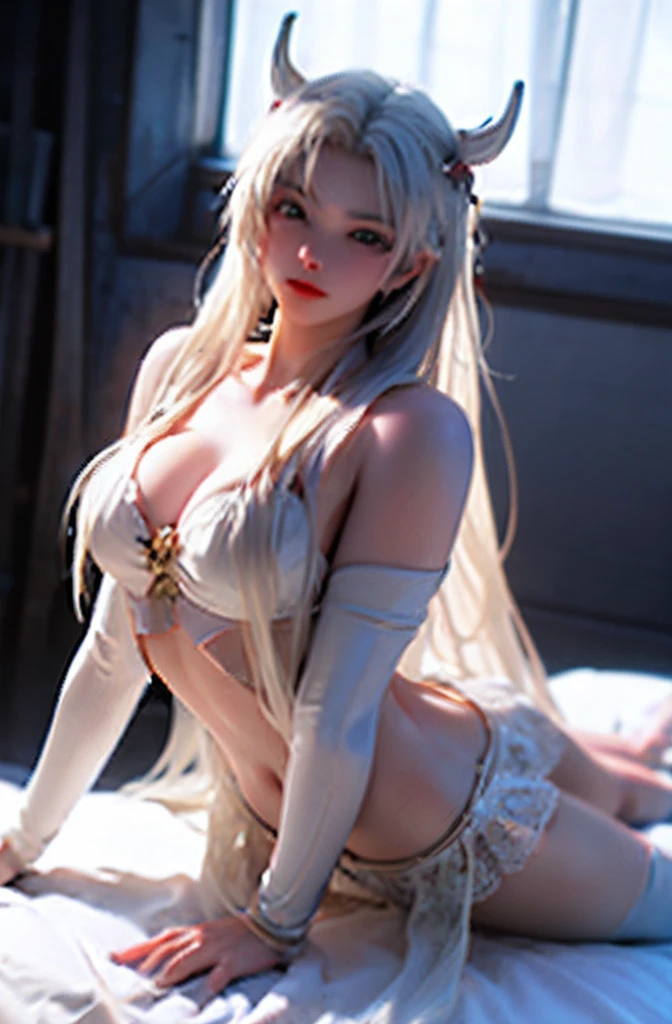 White tones,white colors,Sexy Girl ,from the rear,Turn your face away from the camera,butt to camera,Tummy down,bent down,With a petite figure,tiny body,slimfigure,slim,s girl,Petite,whaite hair,White hair,Hair covers the chest,White bed,big breasts enchanting,seductiv,Open legs,Look up at your head,transparent silk pajamas ,thick long hair,Empty space,Pure white space,Highly detailed body,Highly detailed face,best qualtiy
